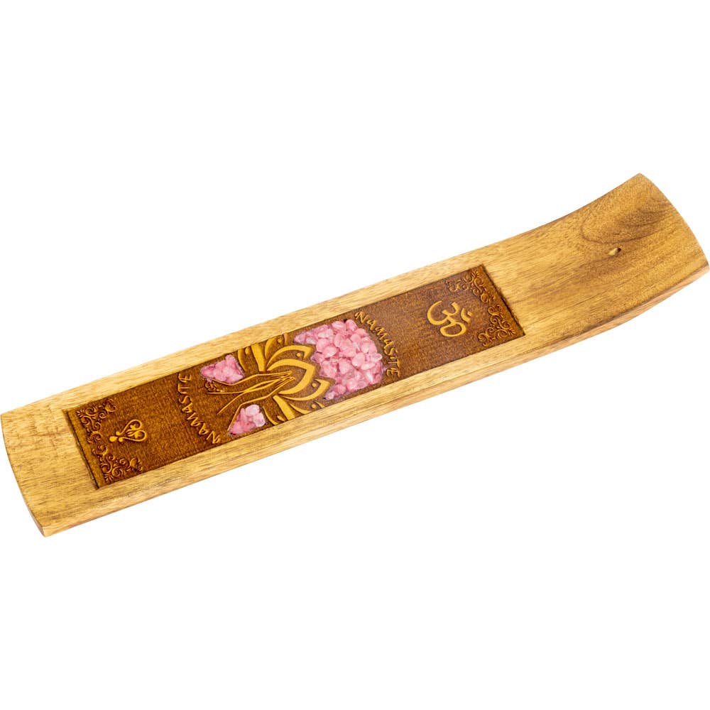 Laser Etched Wood Incense Holder - Namaste w/ Rose Quartz Inlay