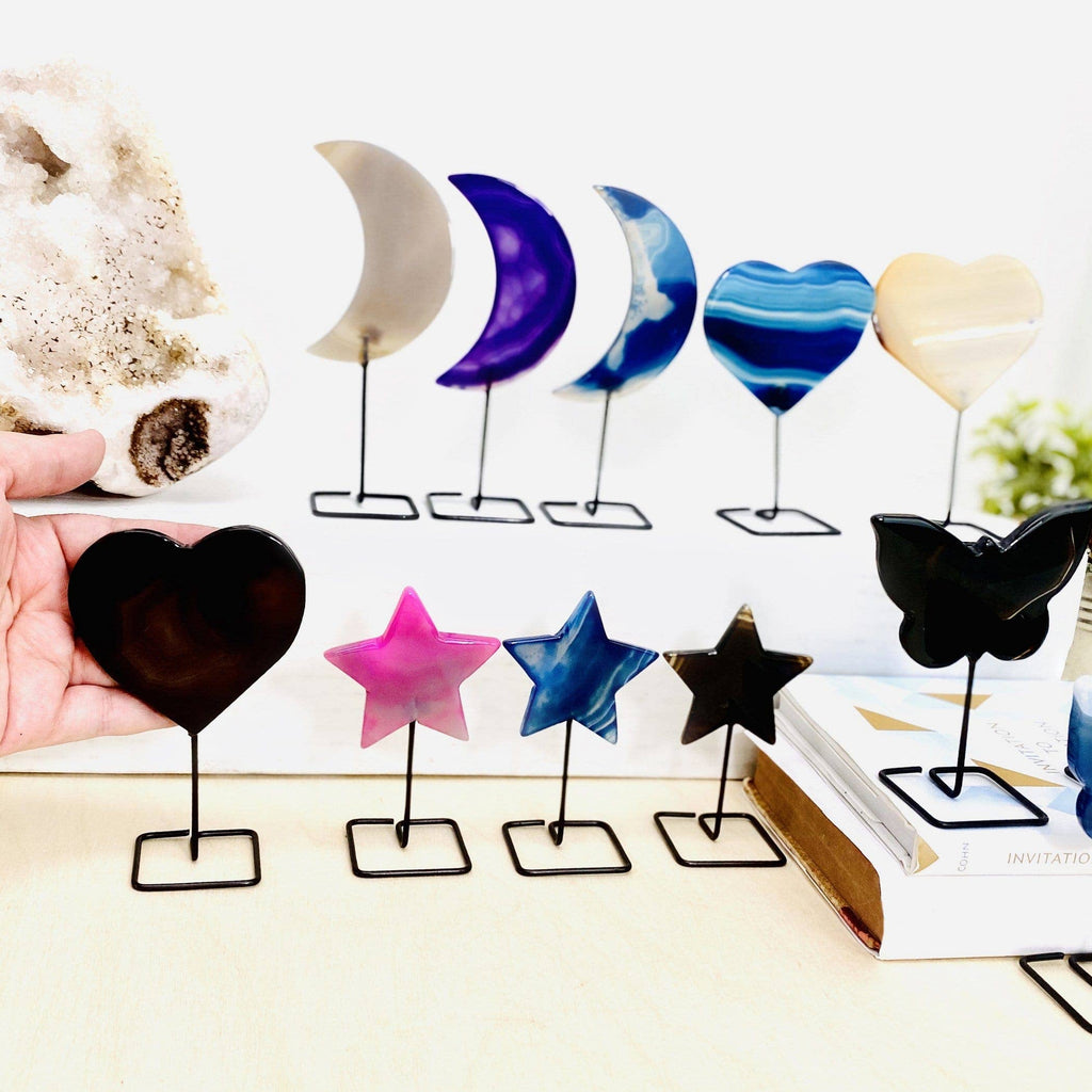 Carved Agate Stone on Metal Stand Crystal Moons Hearts: Purple / Moon