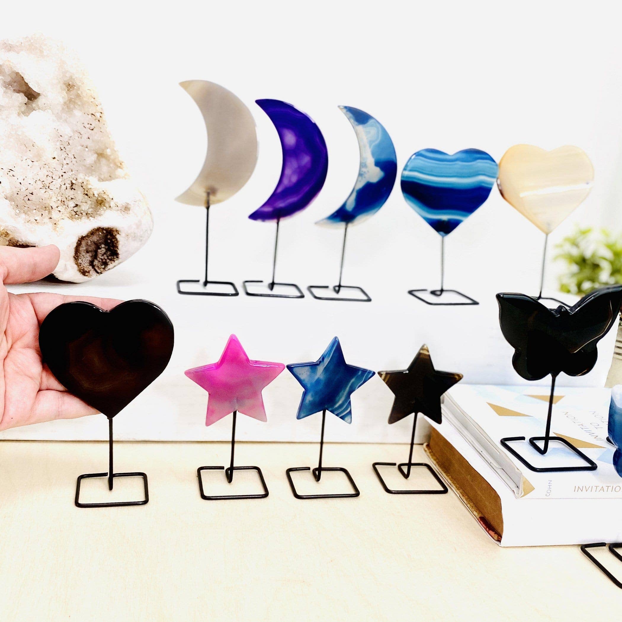 Carved Agate Stone on Metal Stand Crystal Moons Hearts: Blue / Heart