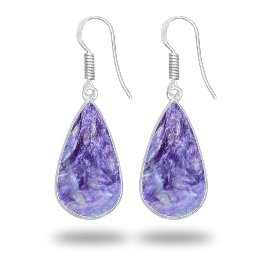 Charoite Earrings – Silver-Plated Bezel, Handmade Design