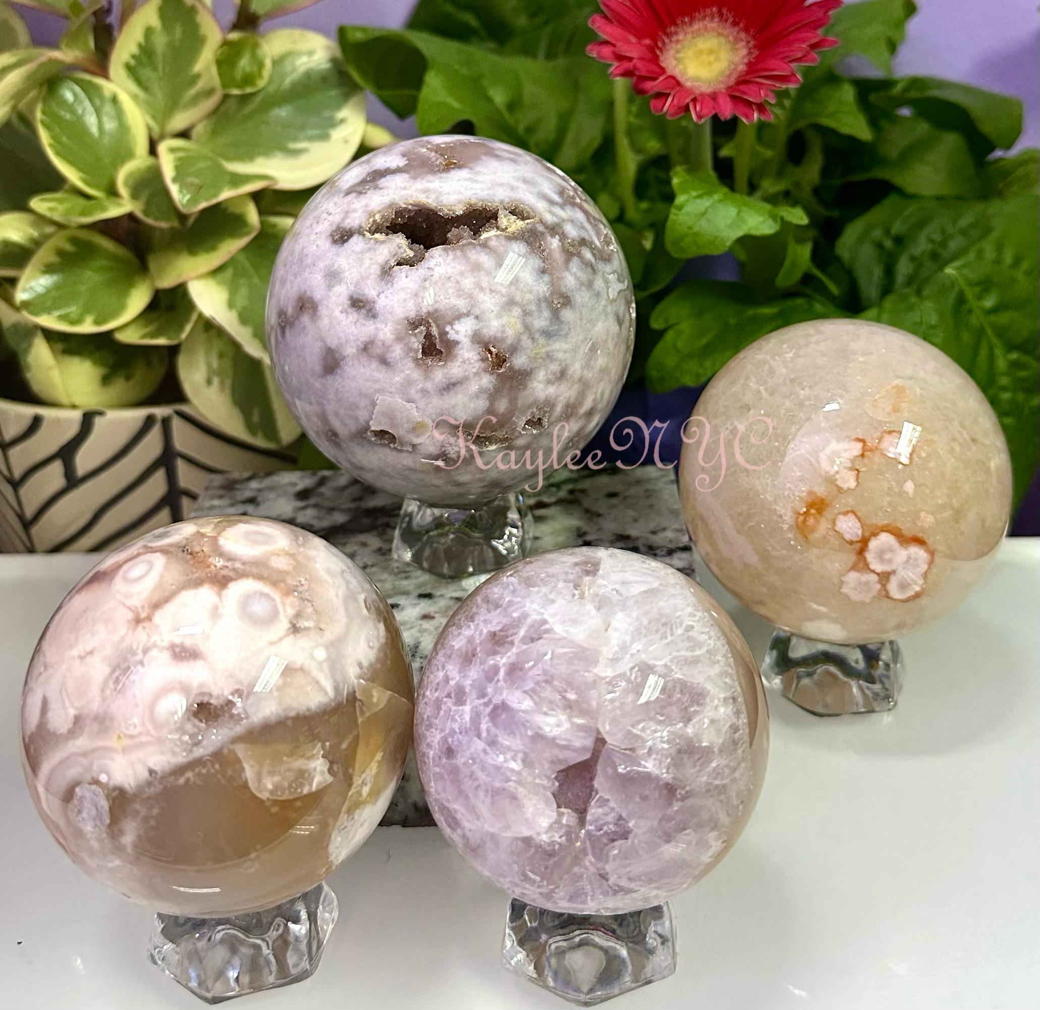 4Pcs Natural Pink Amethyst w Flower Agate Sphere 3.8-4 lbs