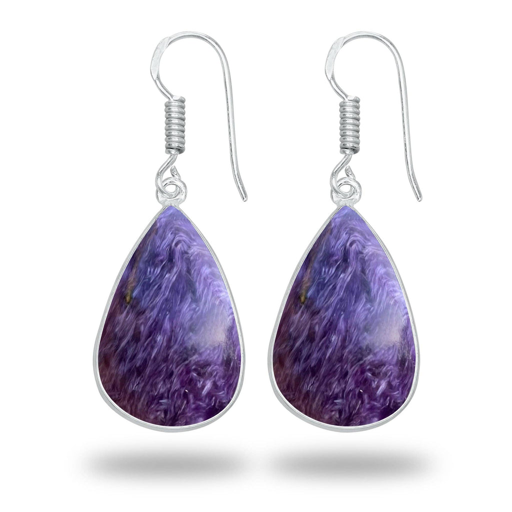 Charoite Earrings – Silver-Plated Bezel, Handmade Design