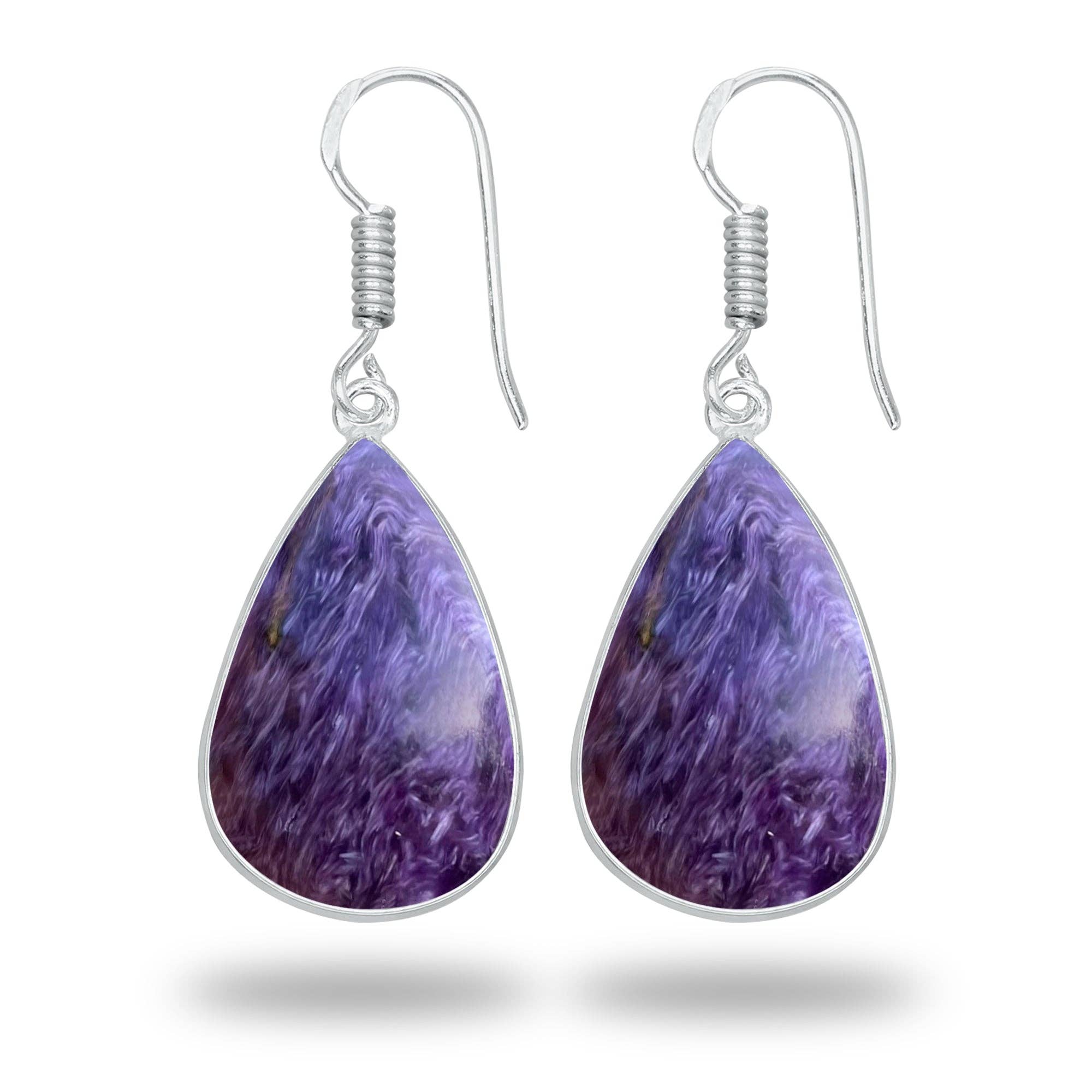 Charoite Earrings – Silver-Plated Bezel, Handmade Design