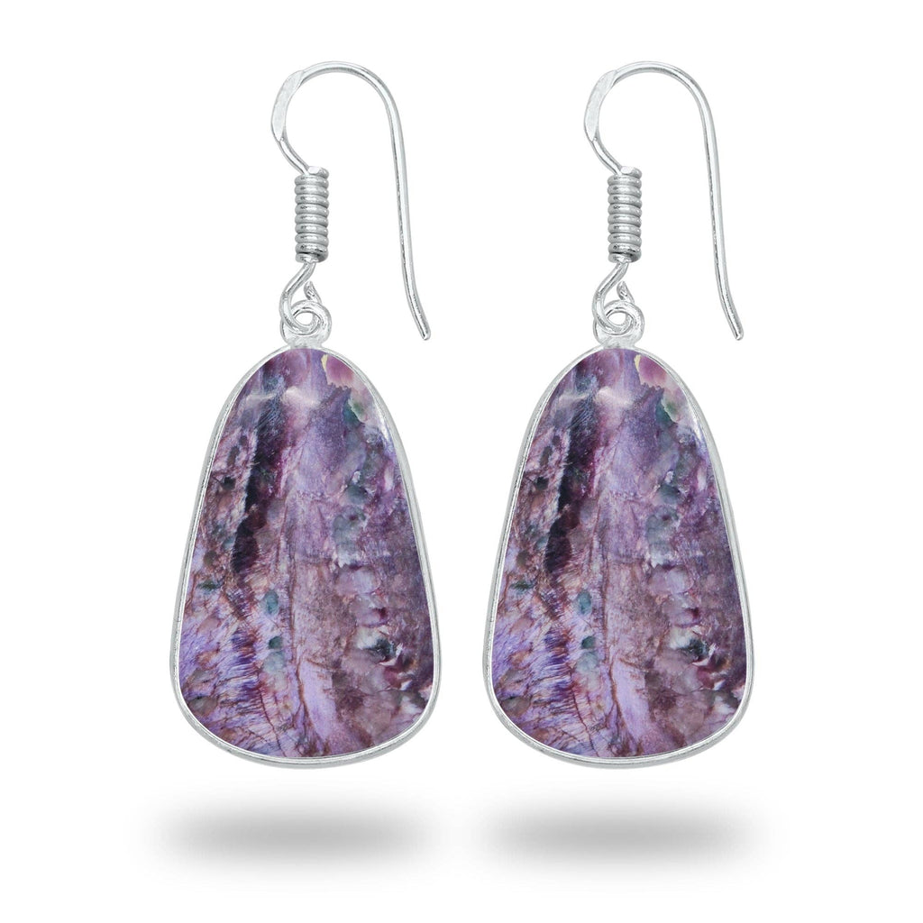 Charoite Earrings – Silver-Plated Bezel, Handmade Design