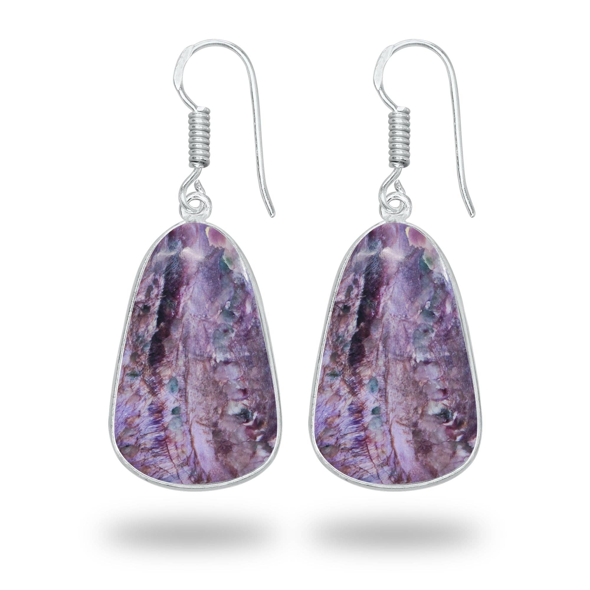 Charoite Earrings – Silver-Plated Bezel, Handmade Design