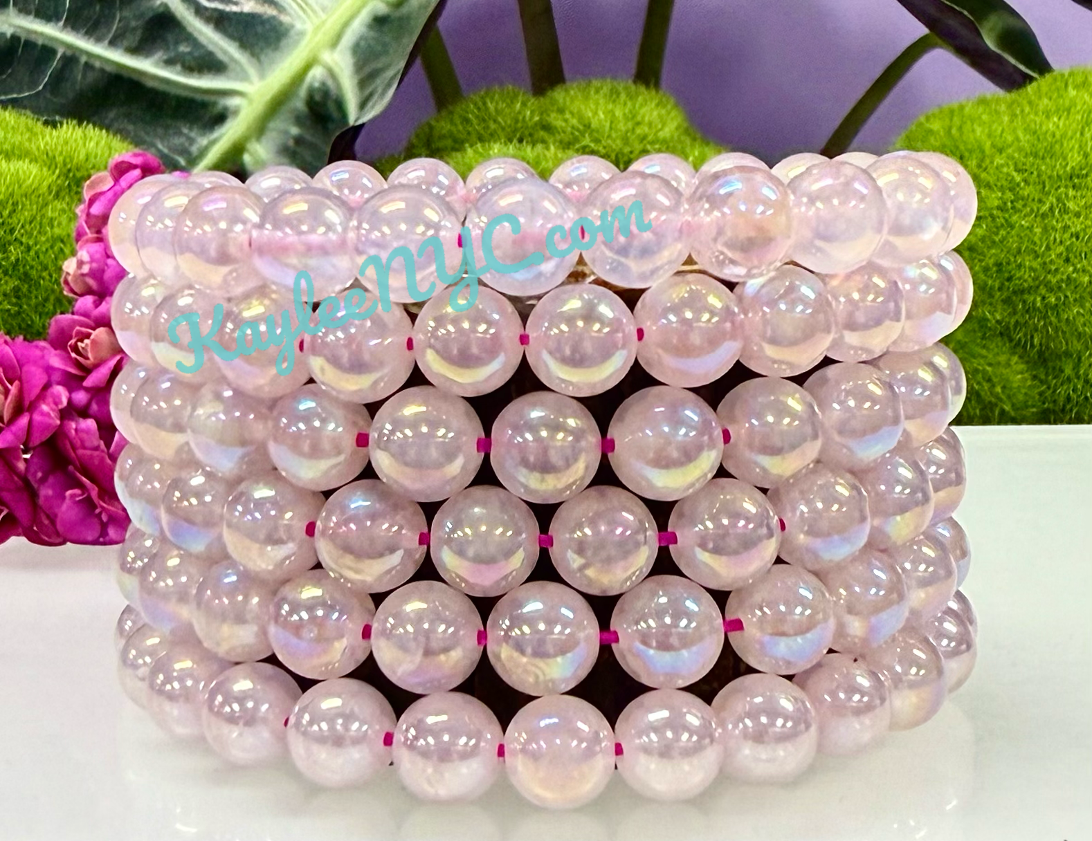 8mm Aura Rose Quartz Crystal Healing Stretch Bracelet 7.5"