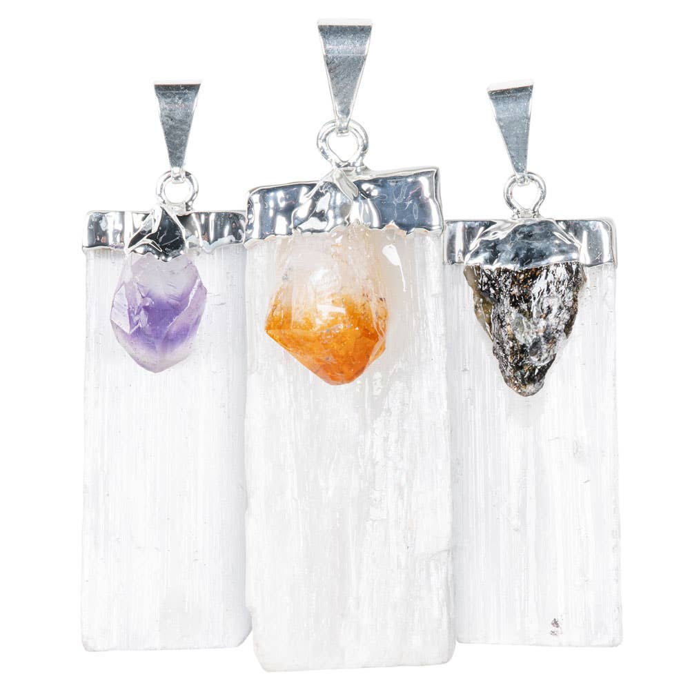 SELENITE AND GEMSTONE PENDANTS: ROSE QUARTZ