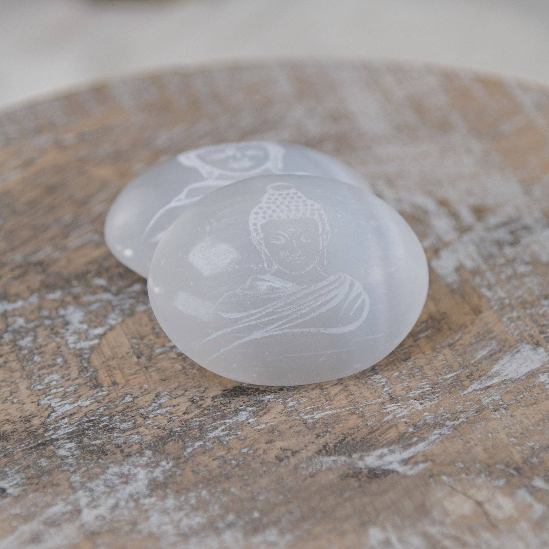 Buddha Engraved Selenite Palm Stone