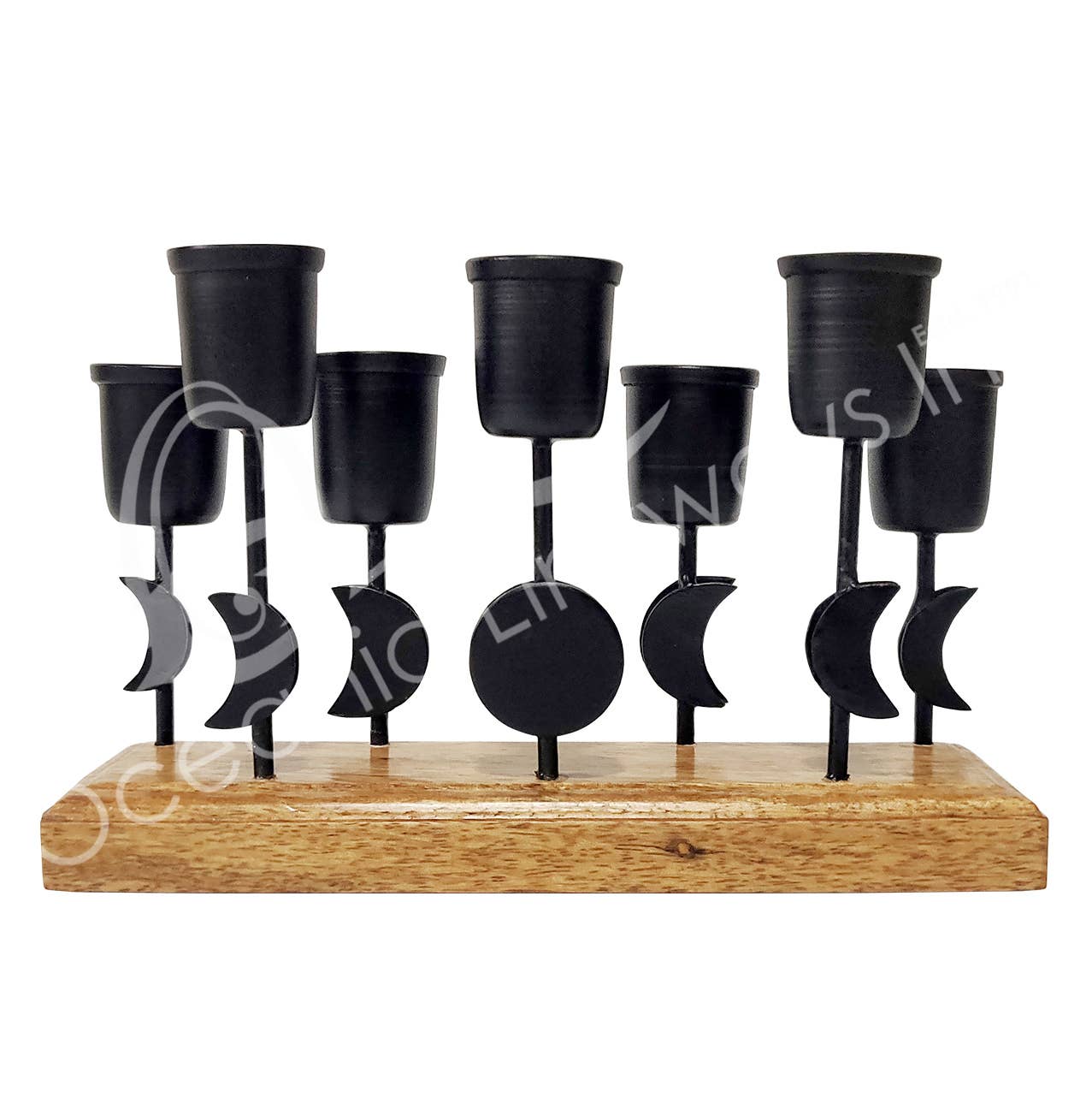 Mini Candle Holder - Iron Moon Phases On Wood Base 7.5"