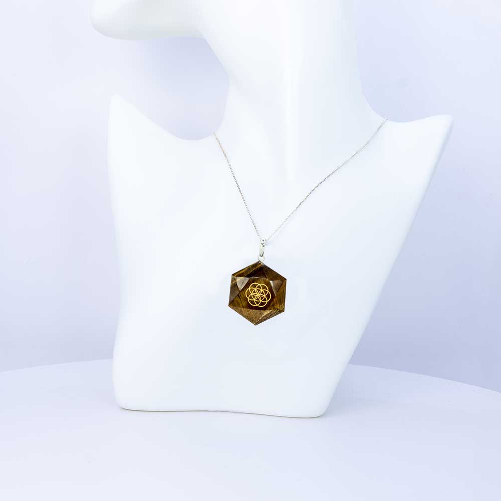Pendant Faceted Hexagon Seed of Life - Tiger Eye (Each): Tiger eye