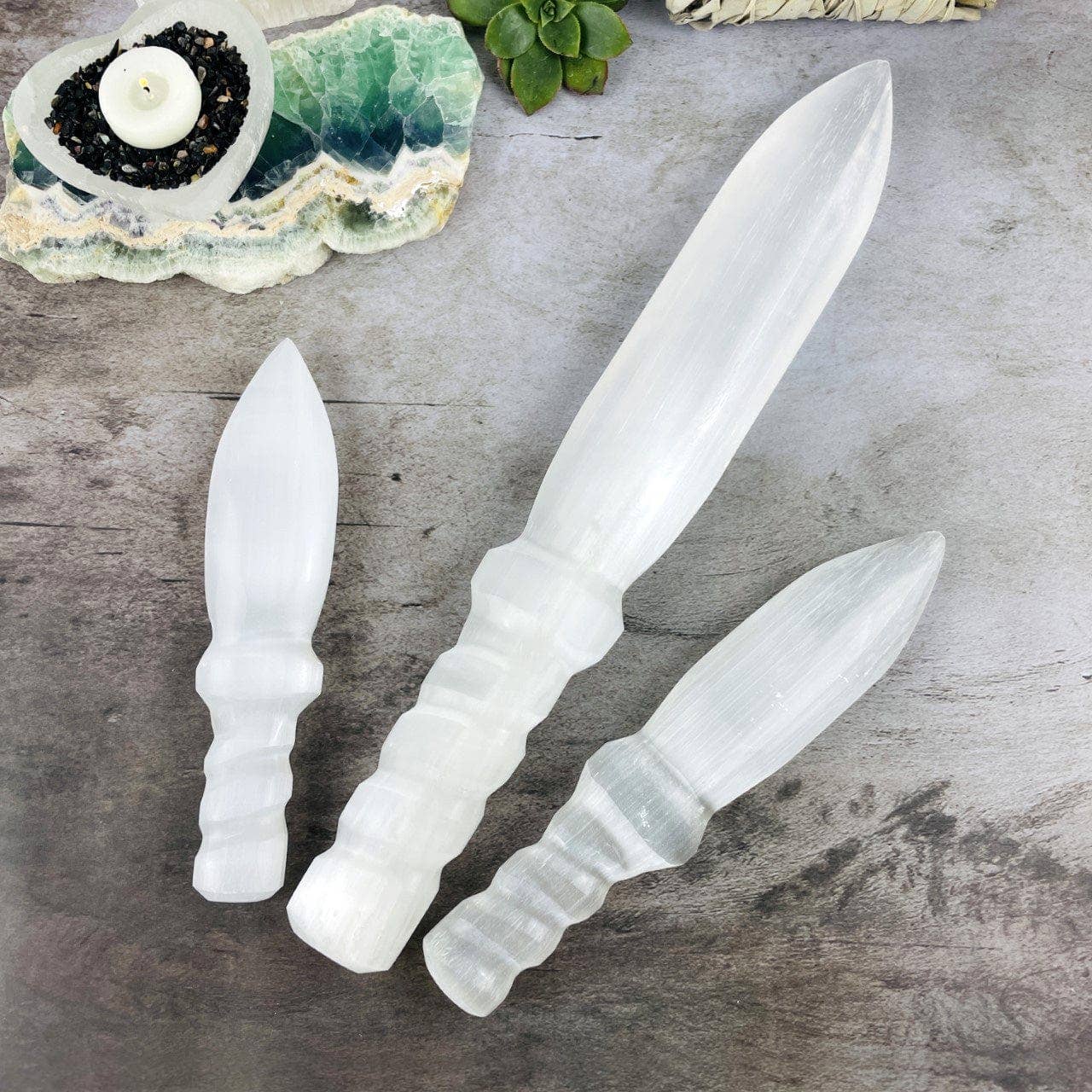Hand Carved Crystal Selenite Knife with Twisted Handle: 25cm