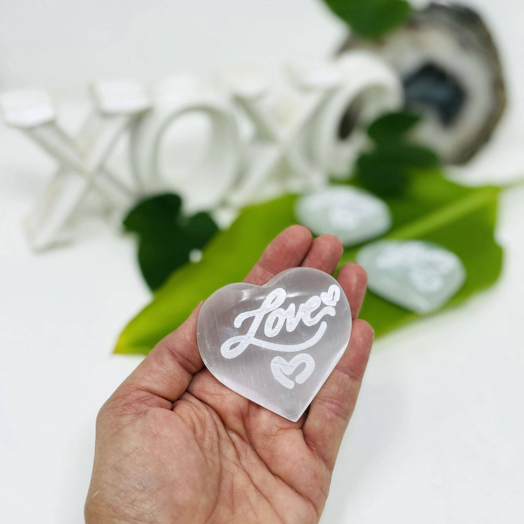 Selenite Engraved "Love"  Crystal Heart