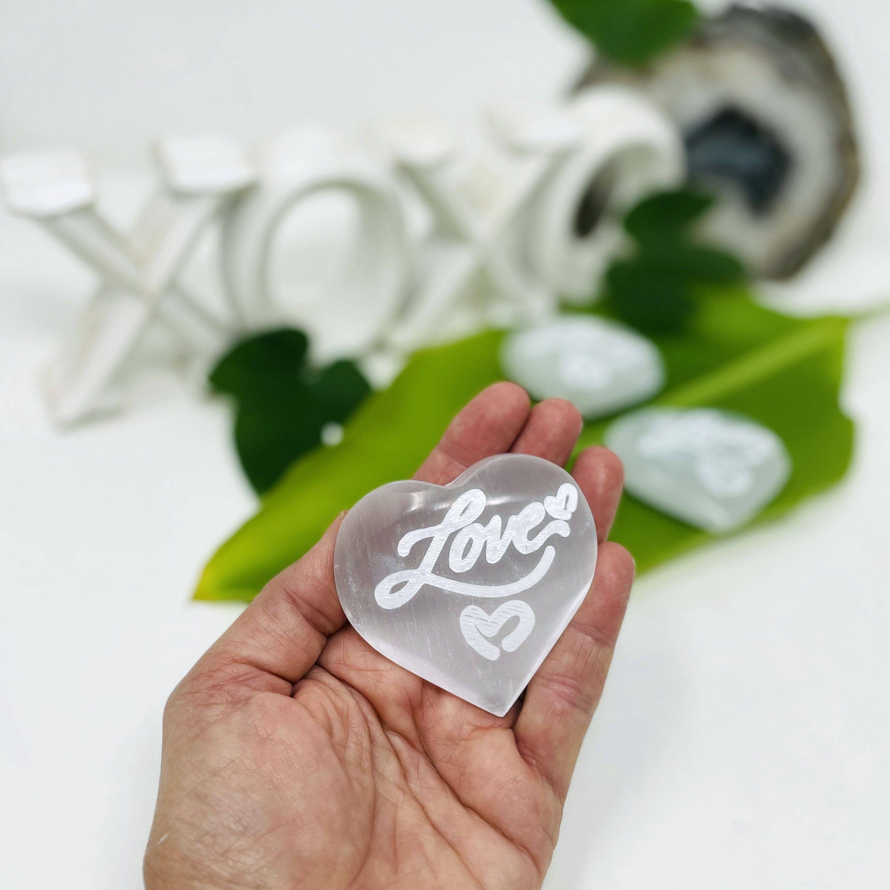Selenite Engraved "Love"  Crystal Heart