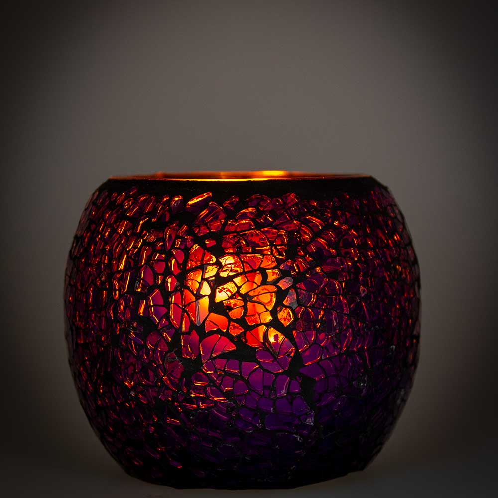 Glass Mosaic Votive Holder Round w/ LED T-Light - Purple
