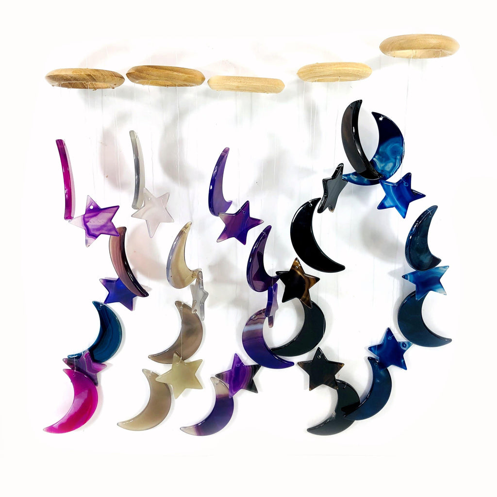 Crystal Agate Moon and Star Wind Chime - 5 Color Options: Blue