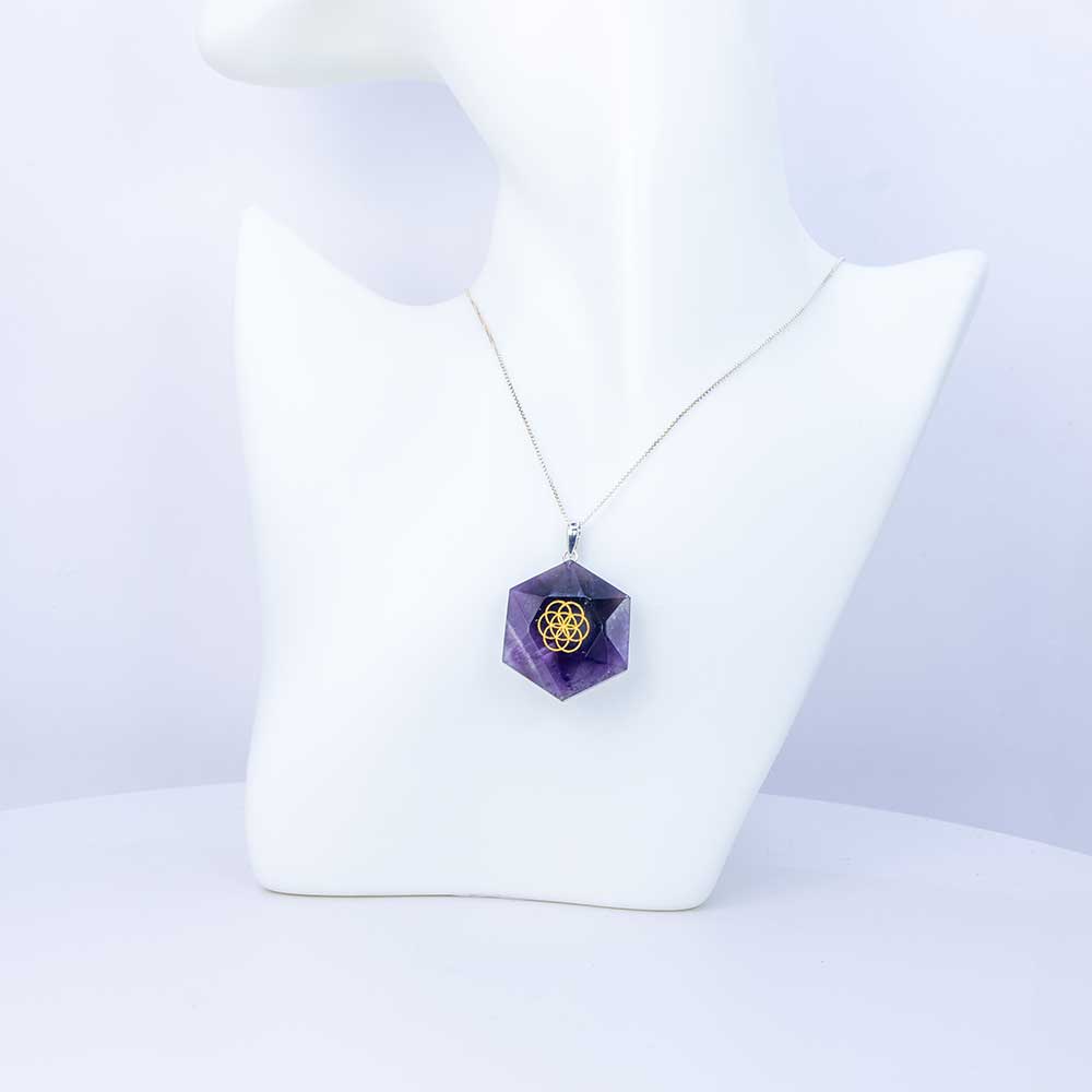 Gemstone Pendant Faceted Hexagon Seed of Life - Amethyst: Amethyst