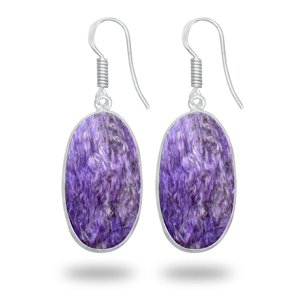 Charoite Earrings – Silver-Plated Bezel, Handmade Design
