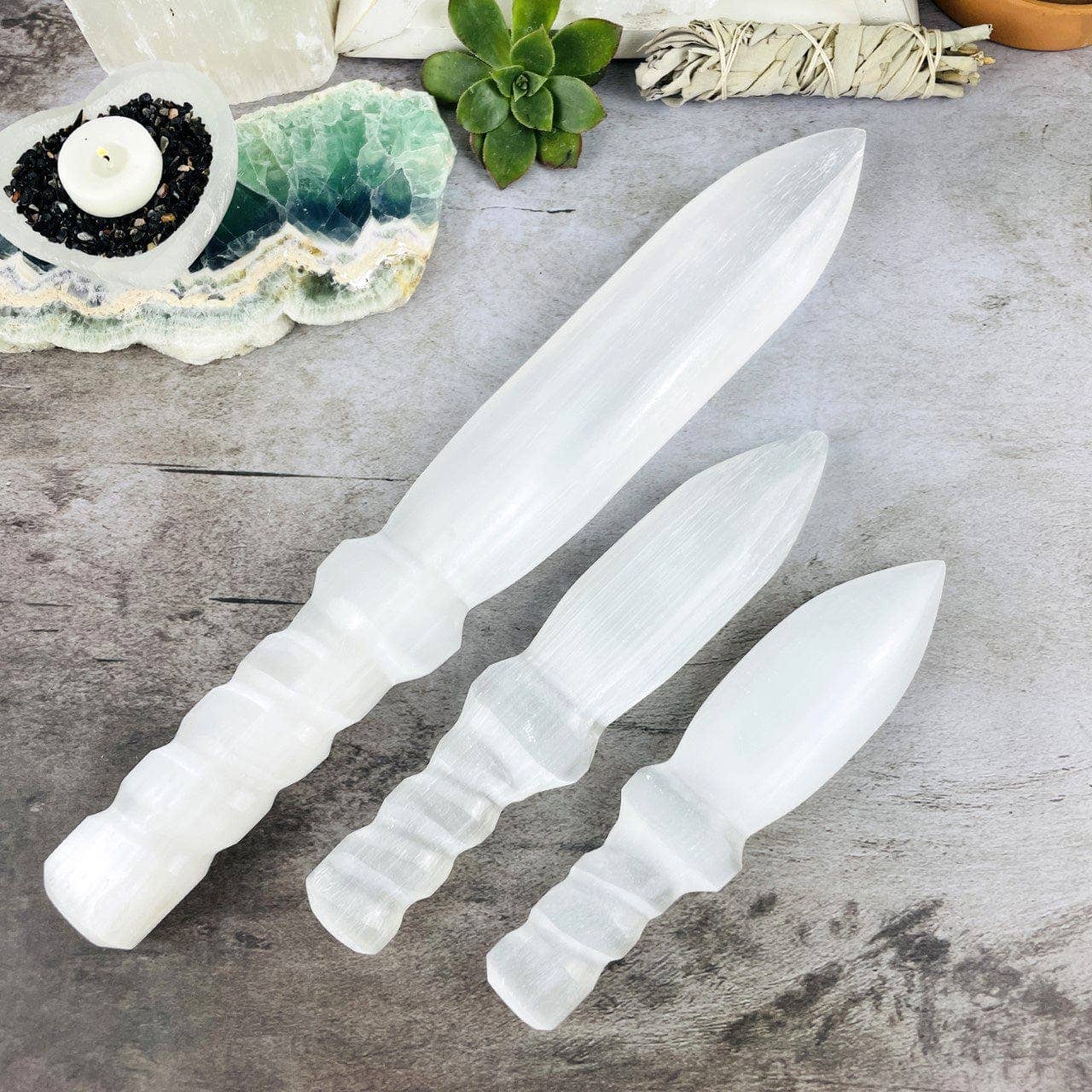 Hand Carved Crystal Selenite Knife with Twisted Handle: 40cm