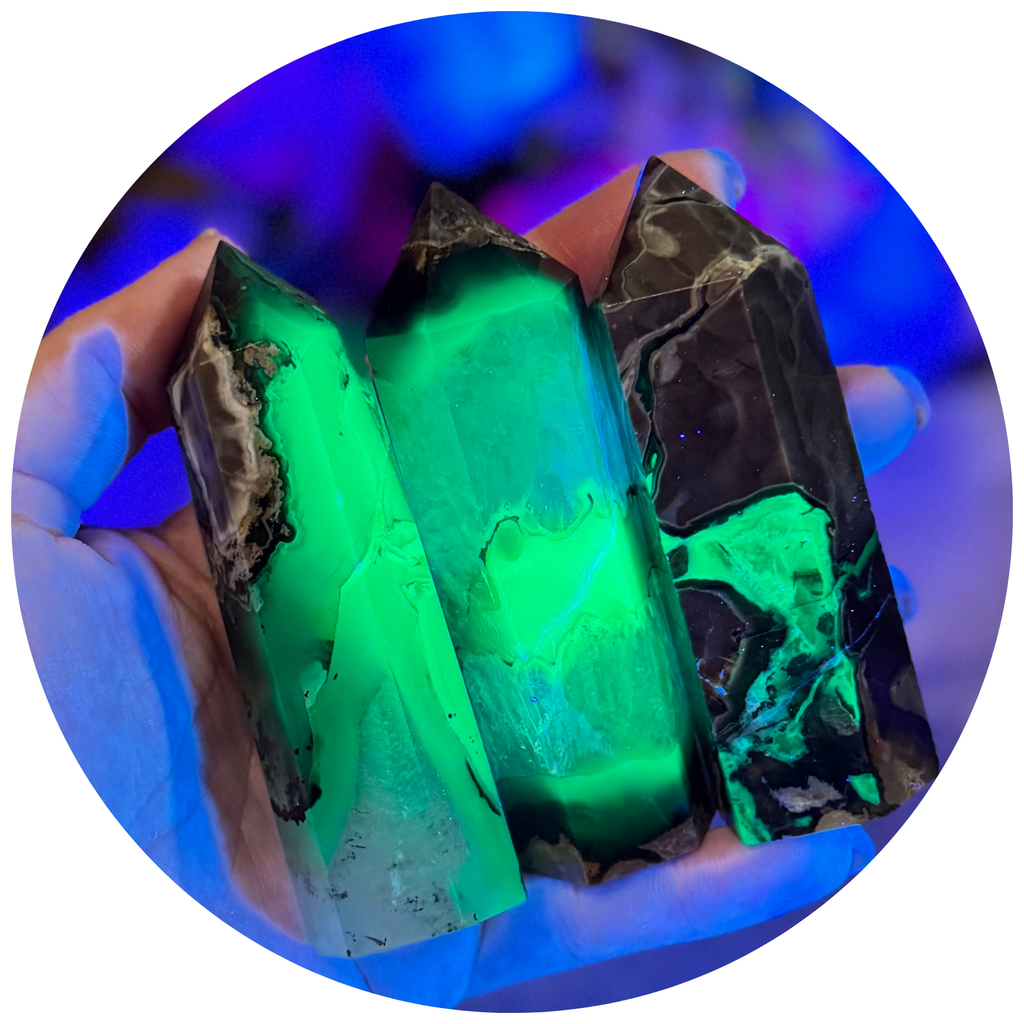 Volcano Agate Towers, UV Fluorescent Green Crystals: 50-74 Grams