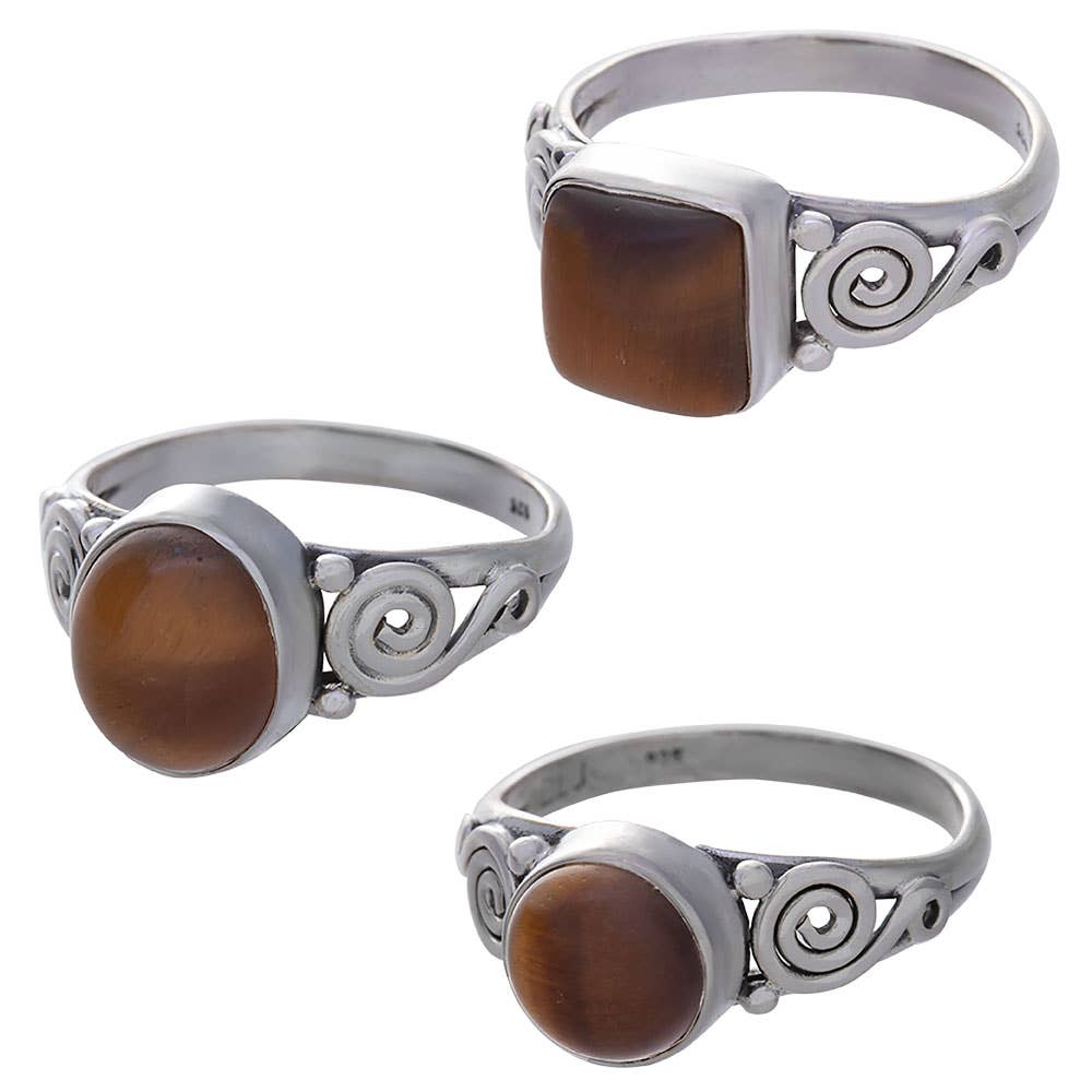 Tiger Eye Spiral Band Assorted Shapes Ring: Sterling Silver / 8 / Tiger eye