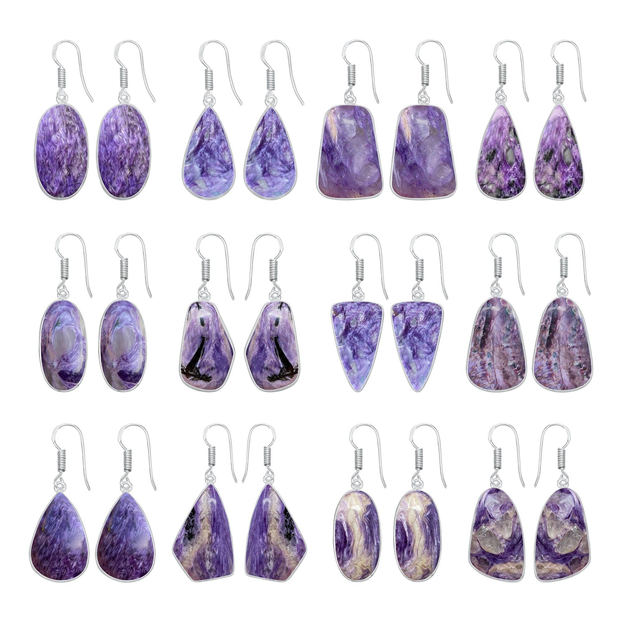 Charoite Earrings – Silver-Plated Bezel, Handmade Design
