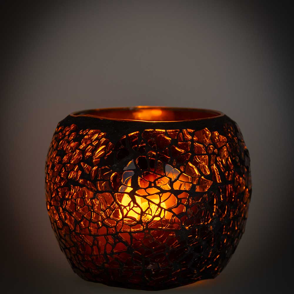 Glass Mosaic Votive Holder Round w/ LED T-Light - Brown