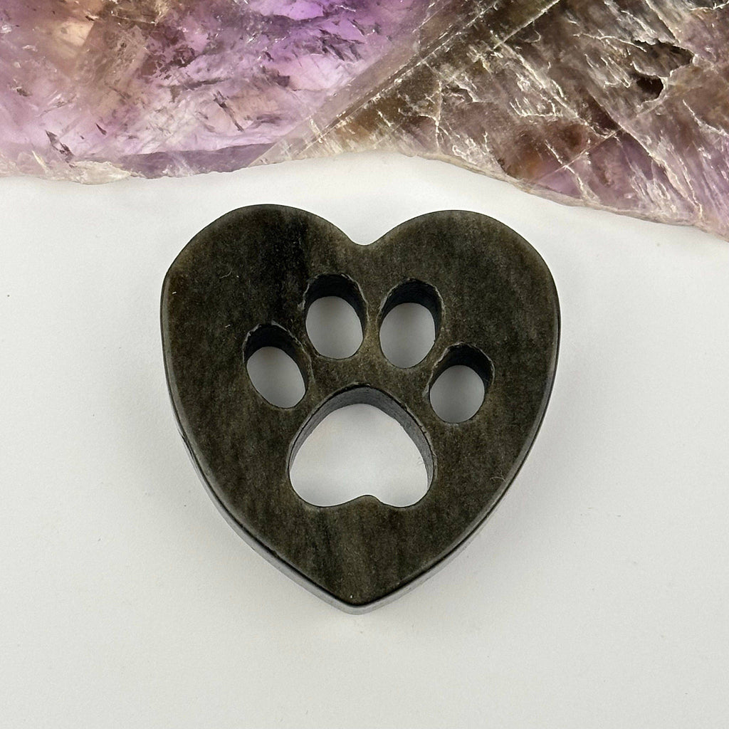 Gemstone Crystal Heart Paw - Carved Heart Paw: Gold Sheen Obsidian