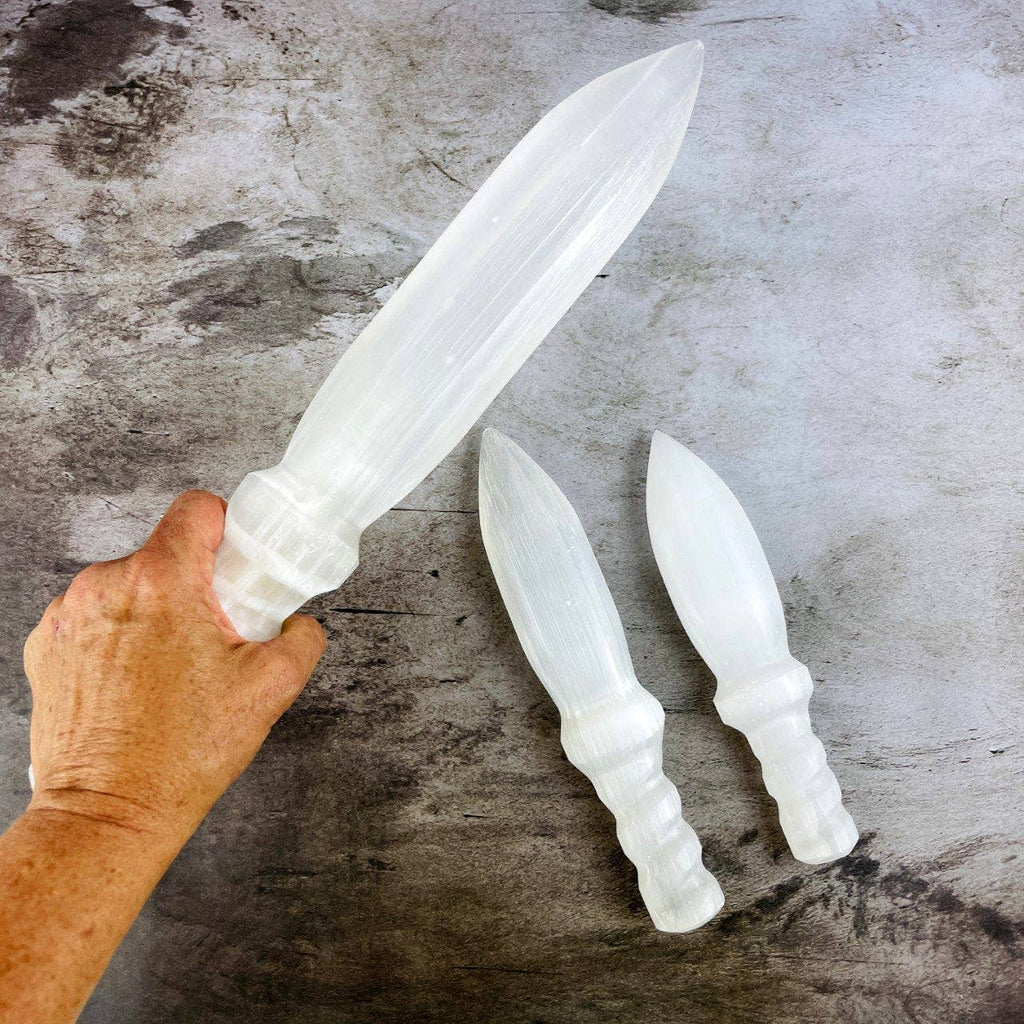 Hand Carved Crystal Selenite Knife with Twisted Handle: 25cm