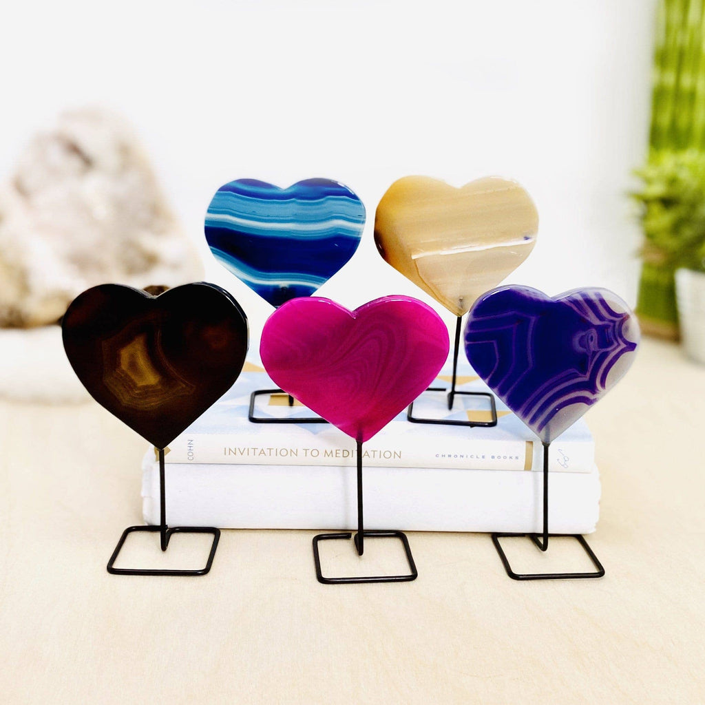Carved Agate Stone on Metal Stand Crystal Moons Hearts: Purple / Heart