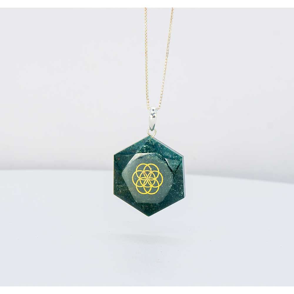 Gemstone Pendant Faceted Hexagon Seed of Life - Bloodstone: Bloodstone