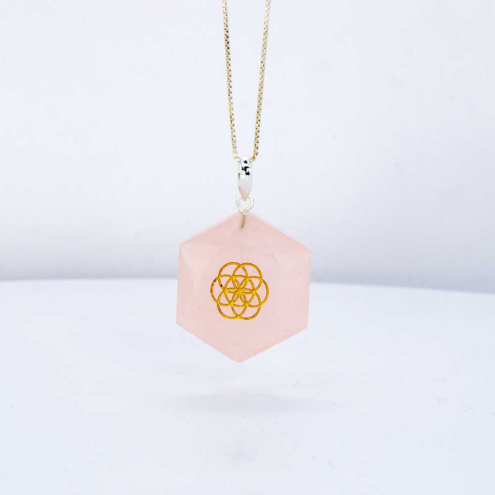 Pendant Faceted Hexagon Seed of Life - Rose Quartz (Each): Rose quartz
