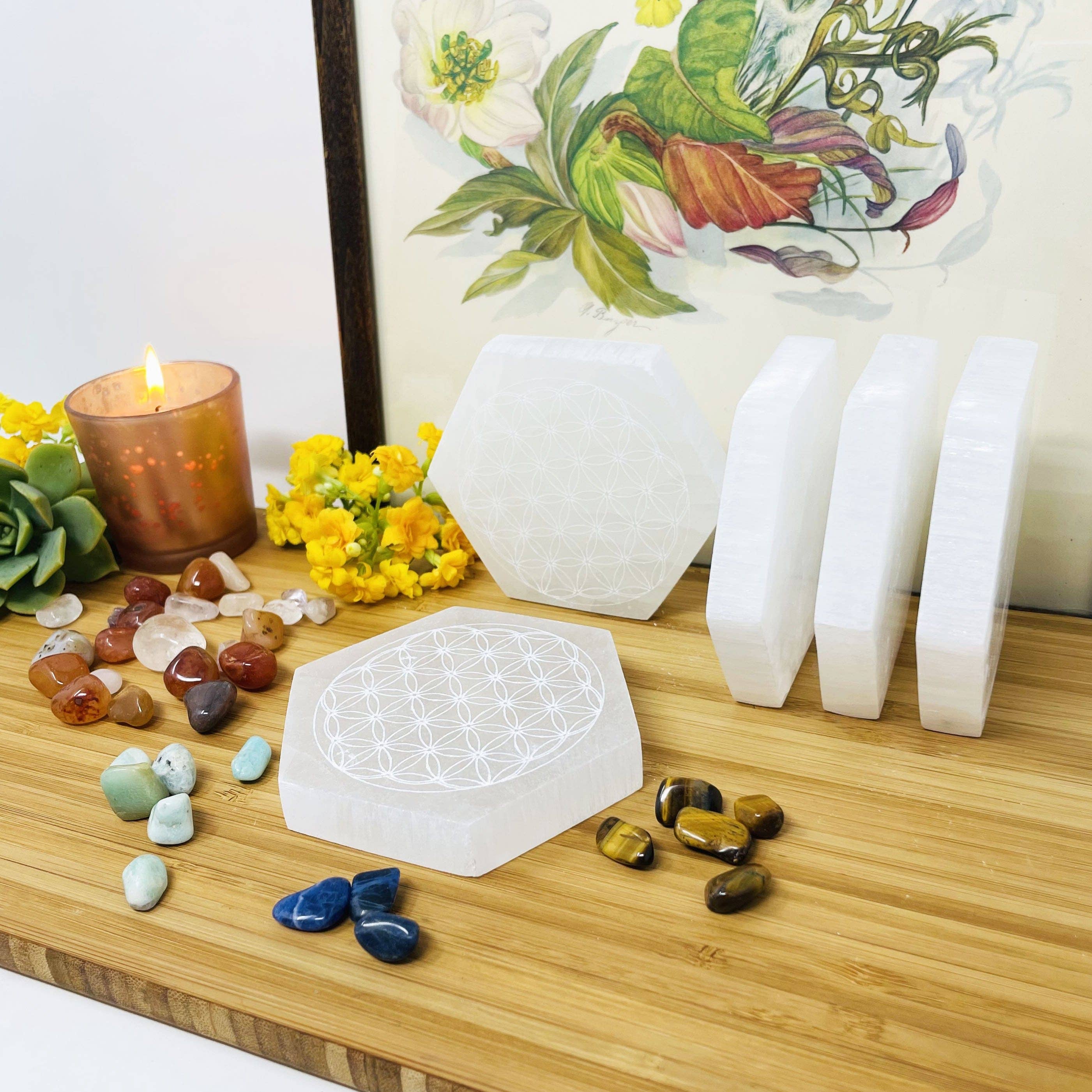 Crystal Selenite Hexagon Engraved Flower of Life