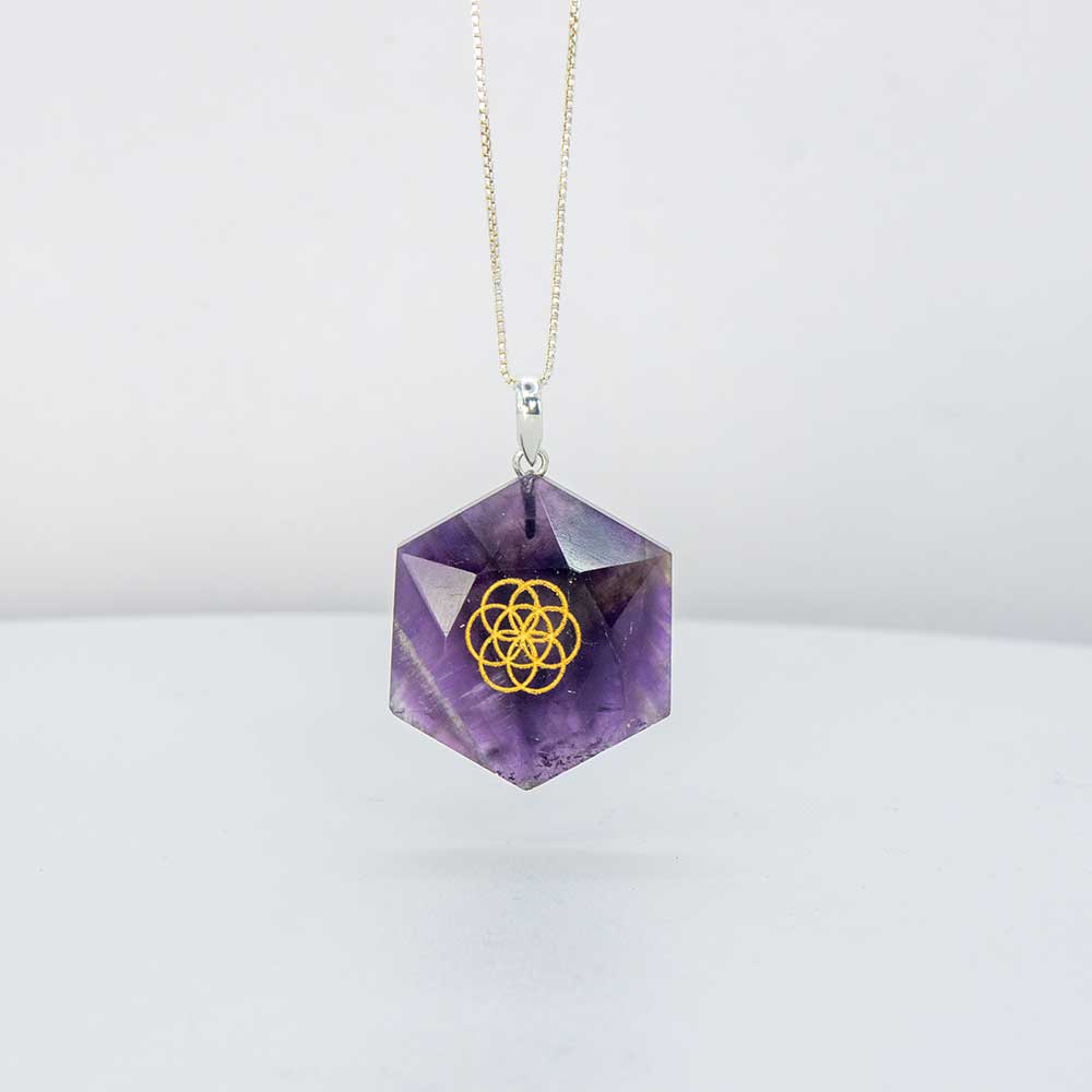 Gemstone Pendant Faceted Hexagon Seed of Life - Amethyst: Amethyst