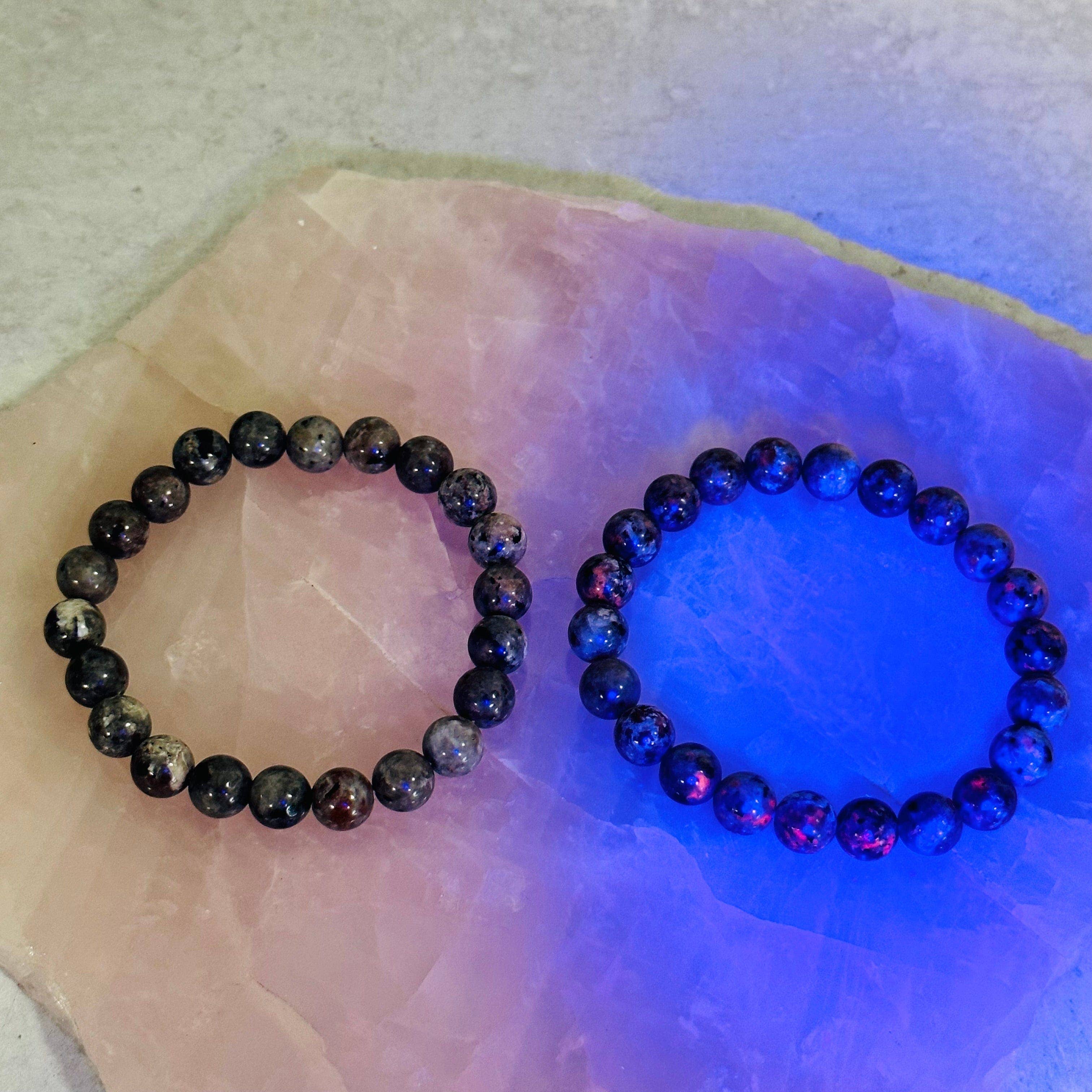 Yooperlite Round Bead Crystal Bracelets - UV Reactive! Gemstone Stretch Bracelet