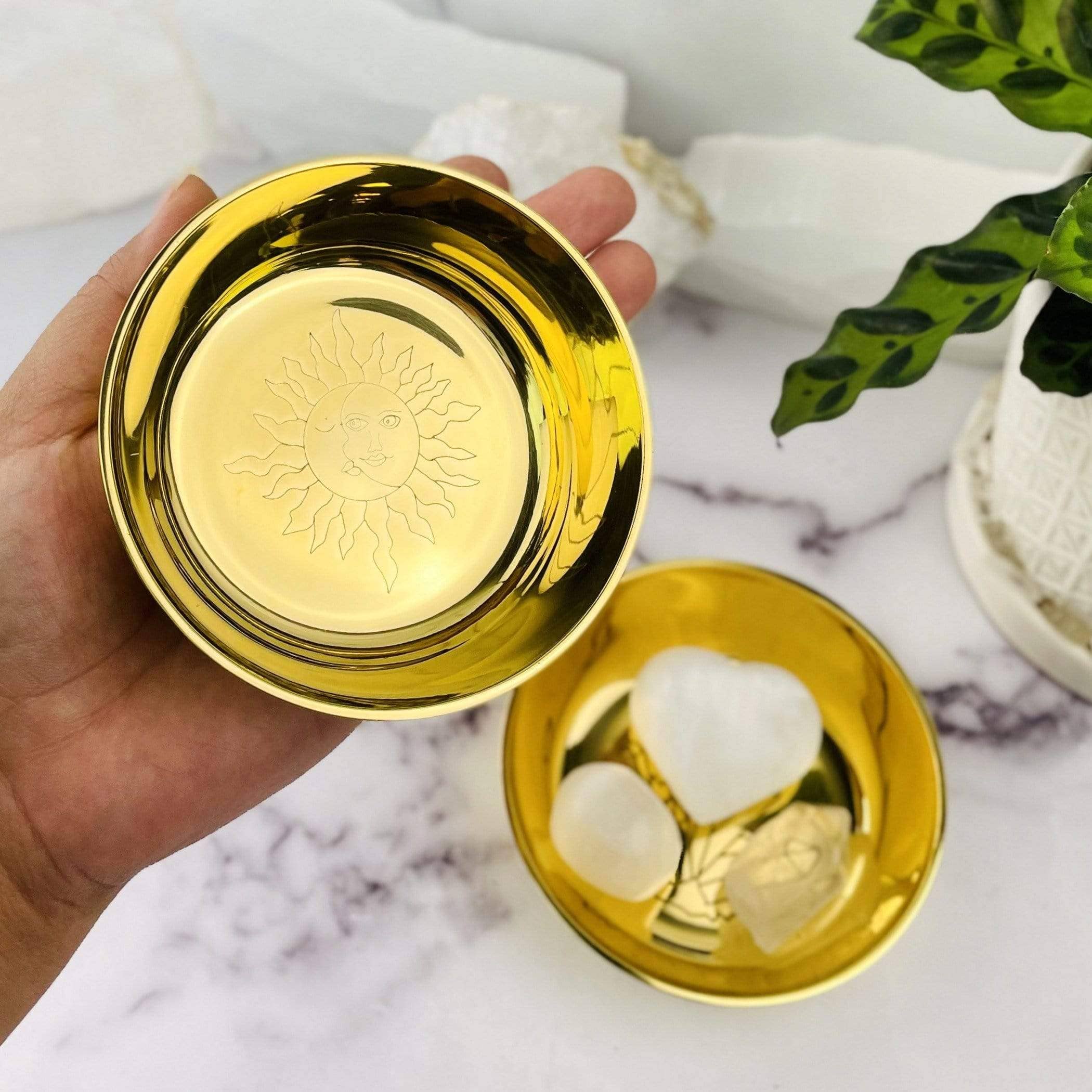 Brass Offering Bowls - Engraved - Crystals or Sun and Moon -: Crystal Cluster