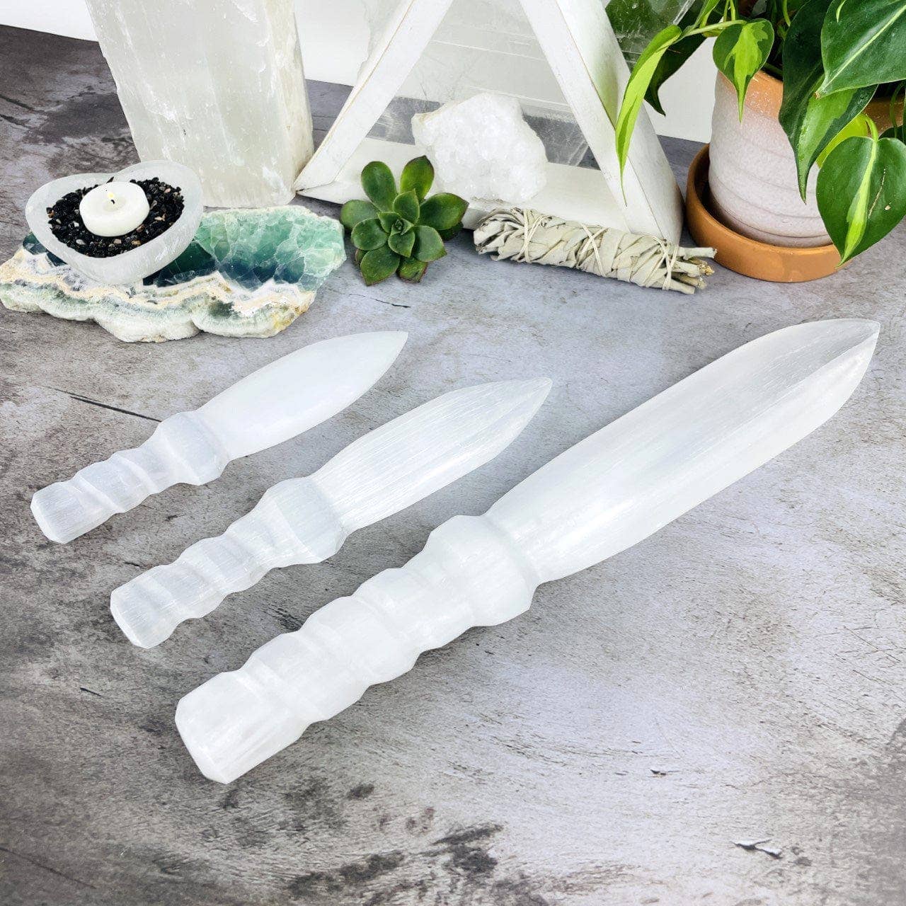 Hand Carved Crystal Selenite Knife with Twisted Handle: 20cm
