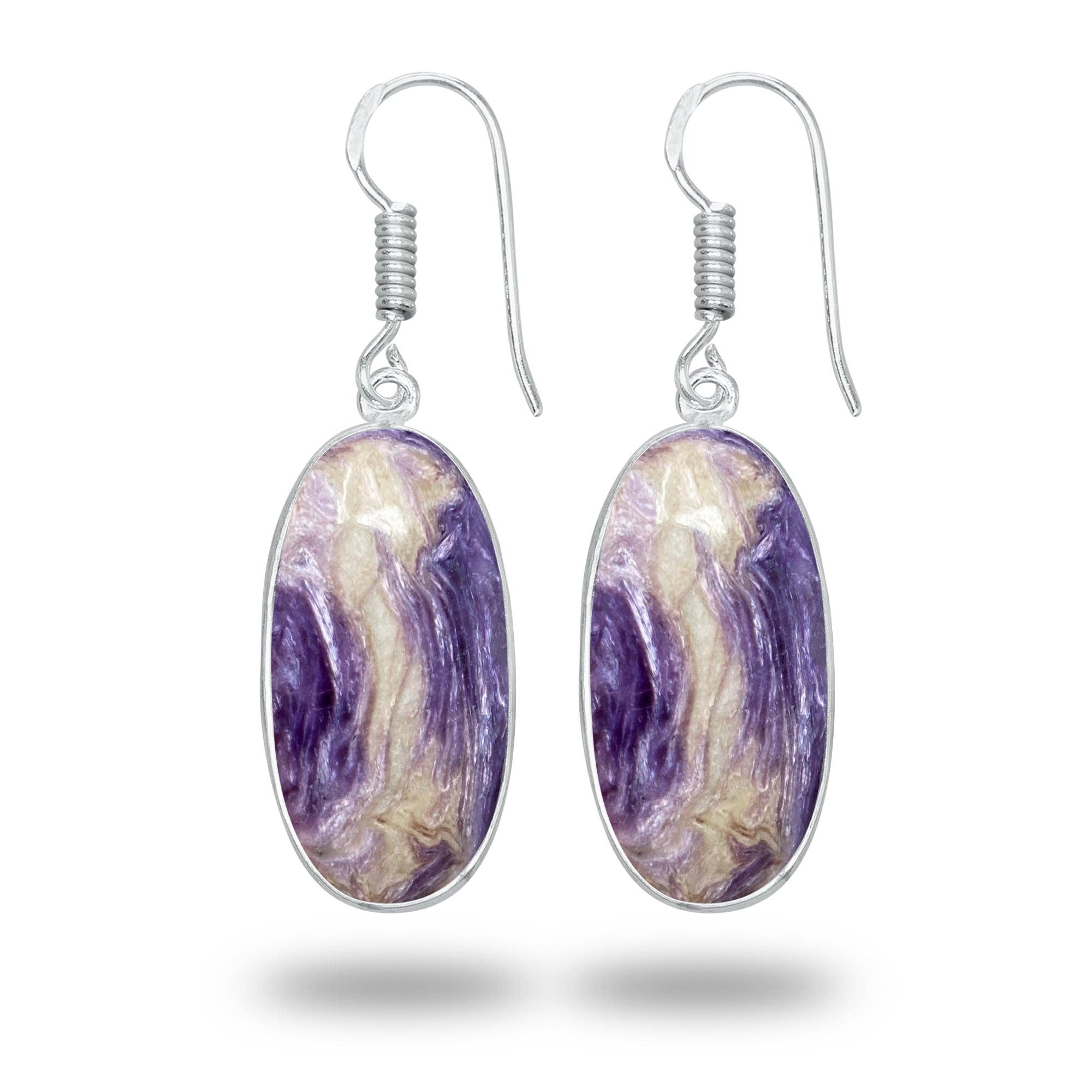 Charoite Earrings – Silver-Plated Bezel, Handmade Design