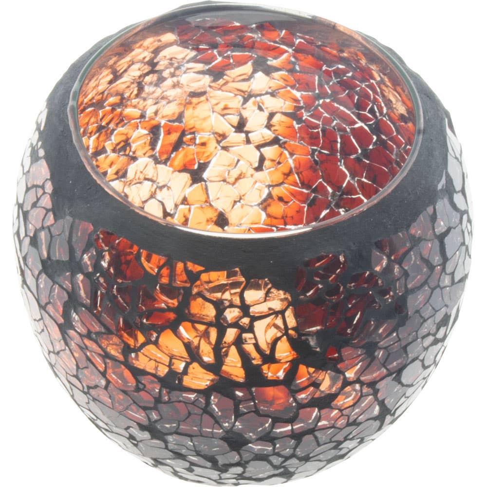 Glass Mosaic Votive Holder Round w/ LED T-Light - Brown