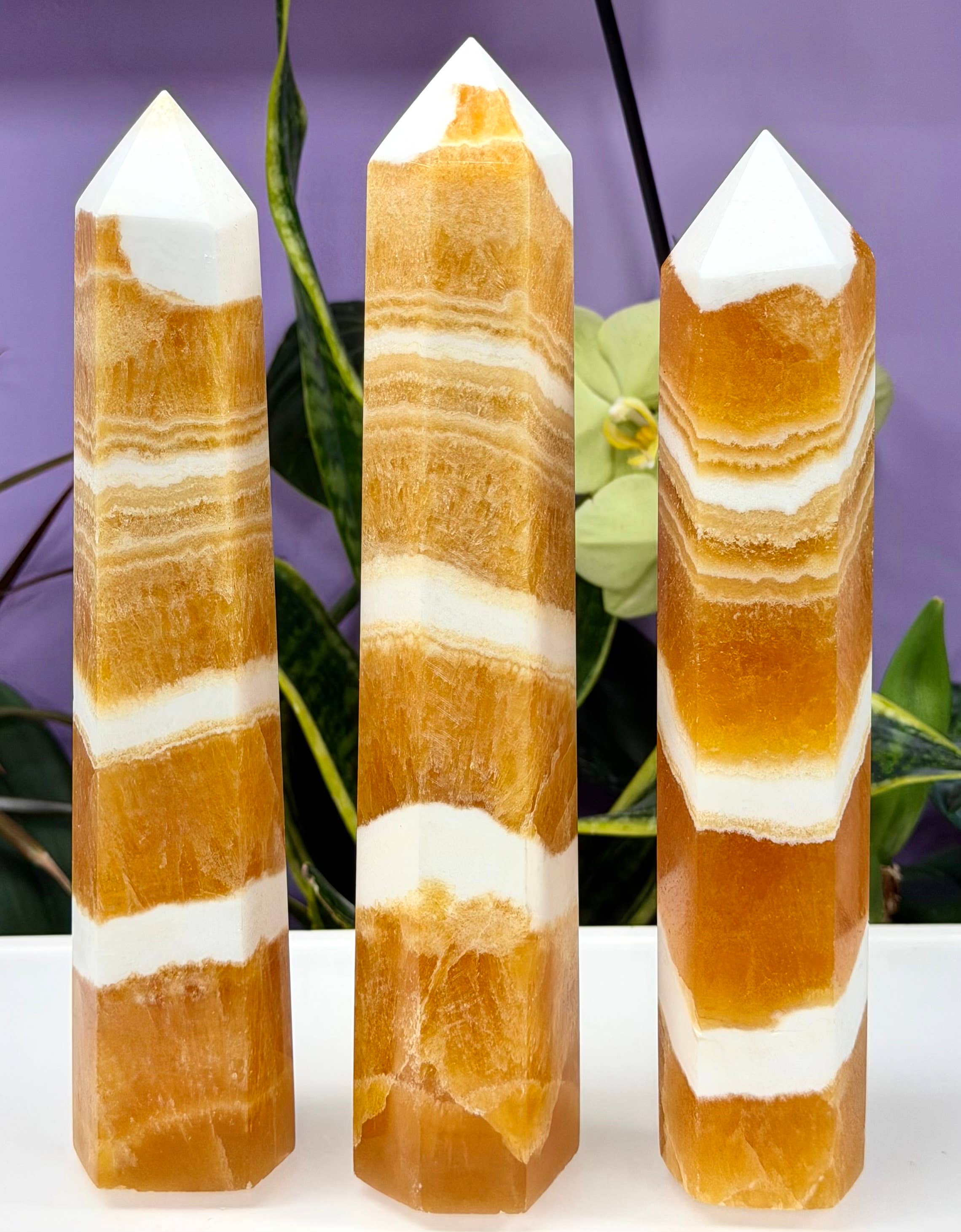 3 pcs Natural Orange Calcite Tower Obelisk Point Crystal 