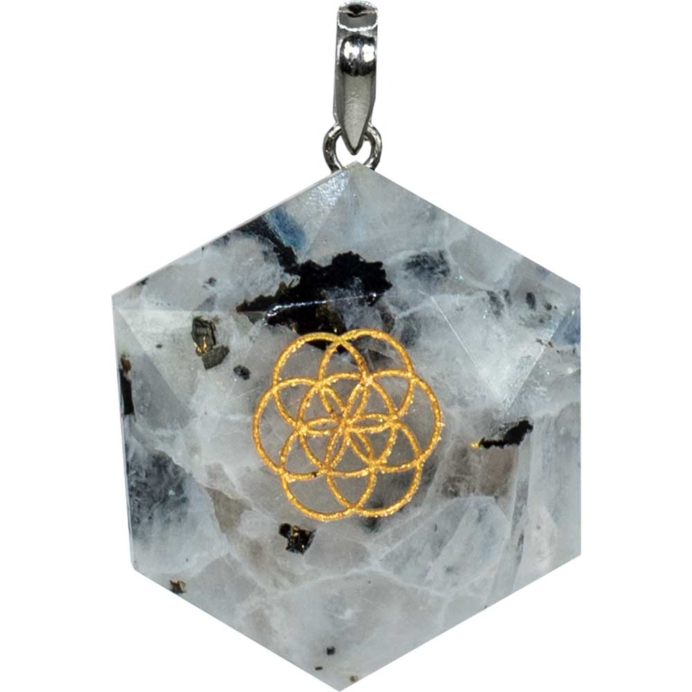Pendant Faceted Hexagon Seed of Life - Rainbow Moonstone: Moonstone rainbow moonstone