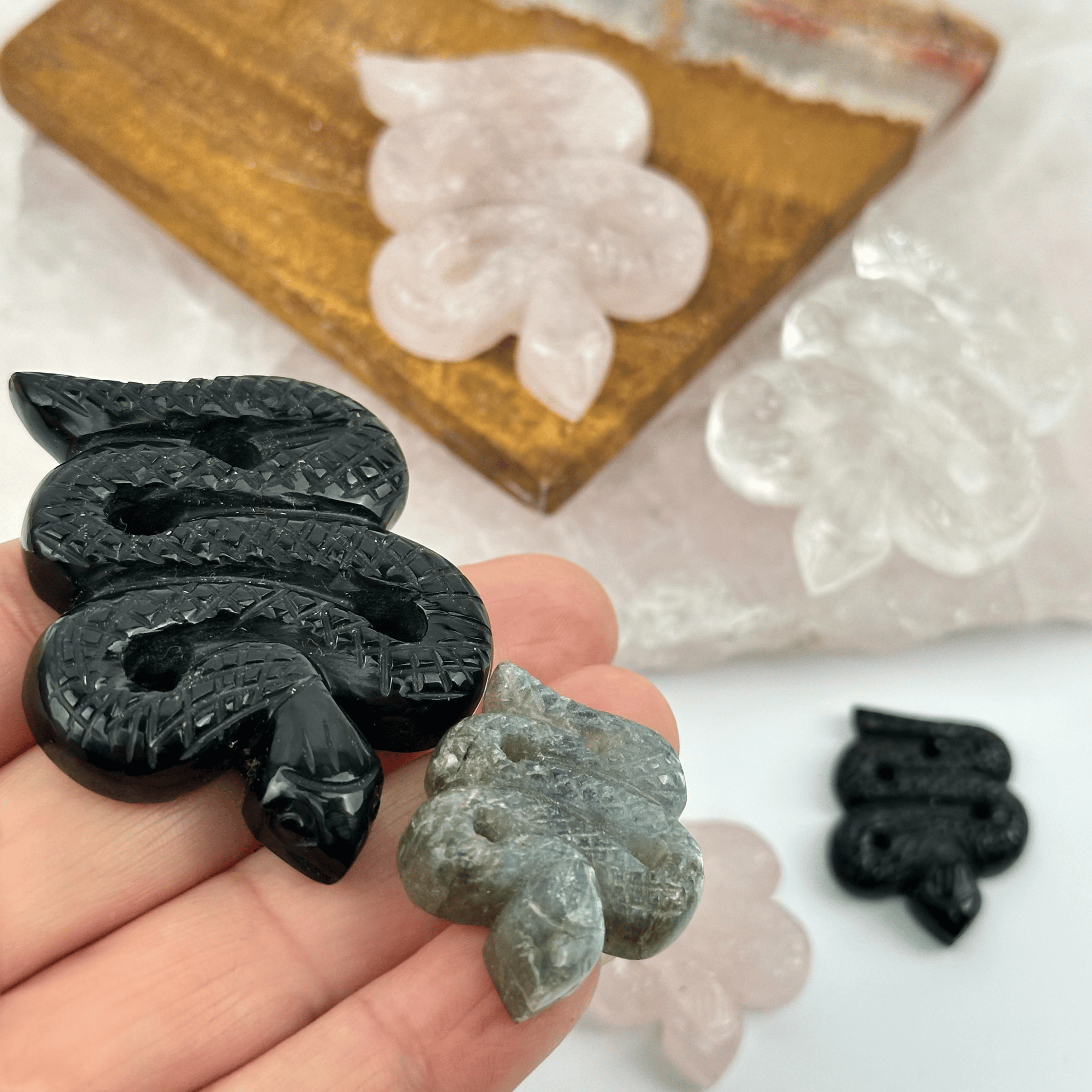 Carved Crystal Snake Gemstones Limited Stock: Rose Quartz / Large