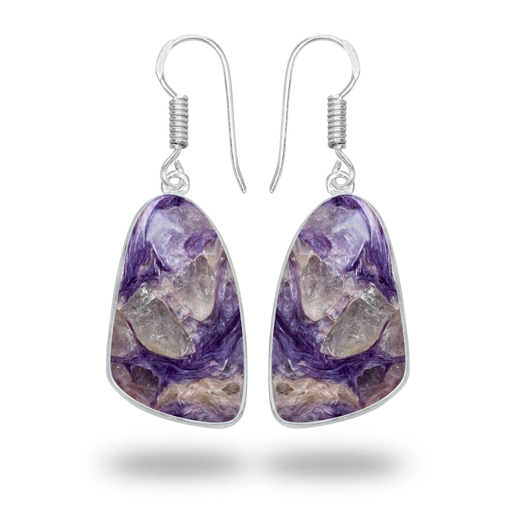 Charoite Earrings – Silver-Plated Bezel, Handmade Design