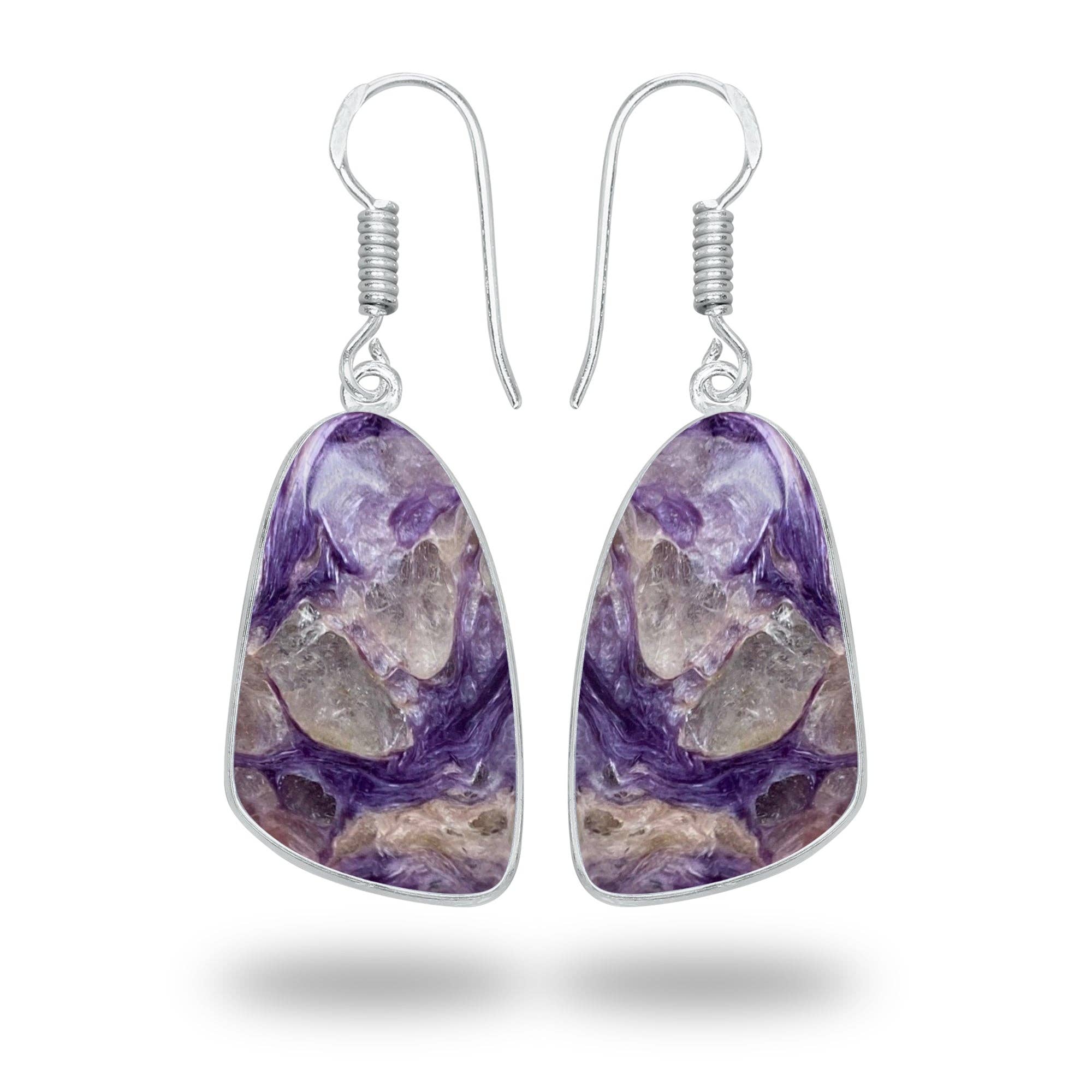 Charoite Earrings – Silver-Plated Bezel, Handmade Design