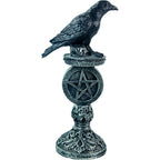 Polyresin Raven Figurine On Pentacle Pedestal Antique Silver: Polyresin