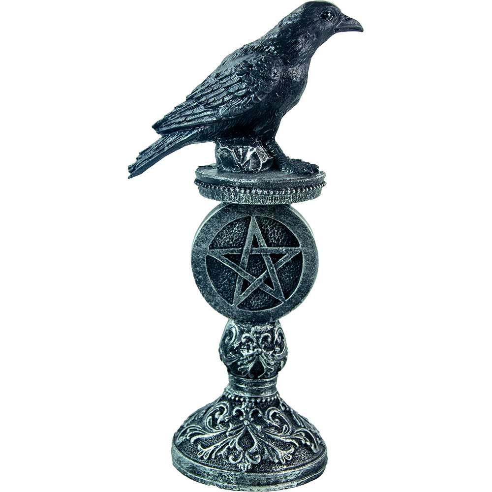 Polyresin Raven Figurine On Pentacle Pedestal Antique Silver: Polyresin