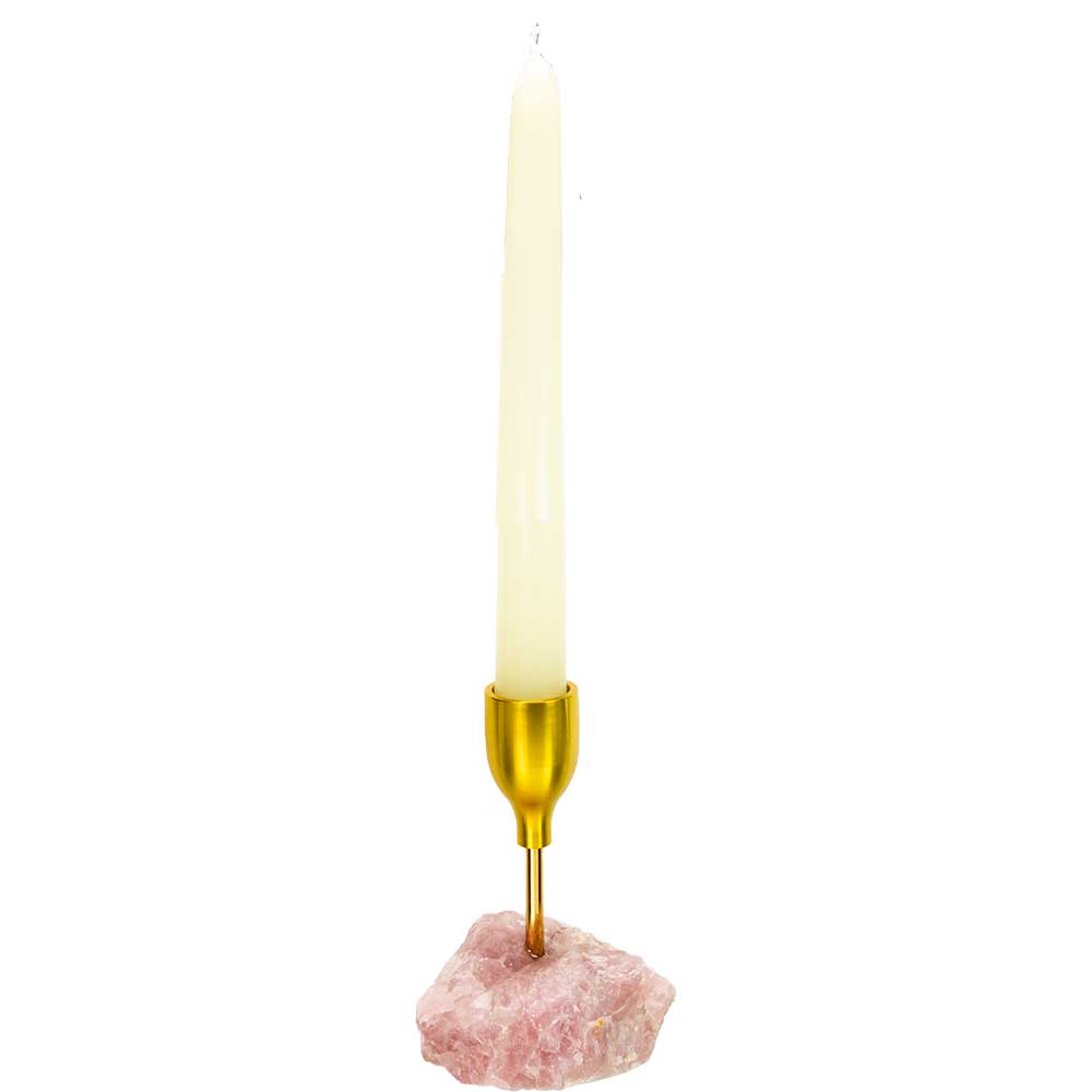 Brass Taper Candle Holder - Rough Rose Quartz (Each): Rose quartz