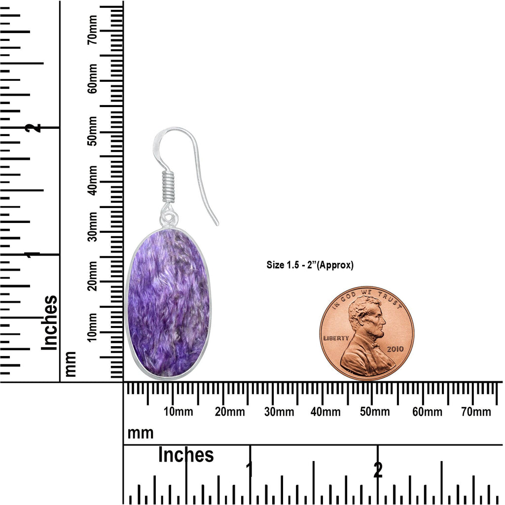 Charoite Earrings – Silver-Plated Bezel, Handmade Design