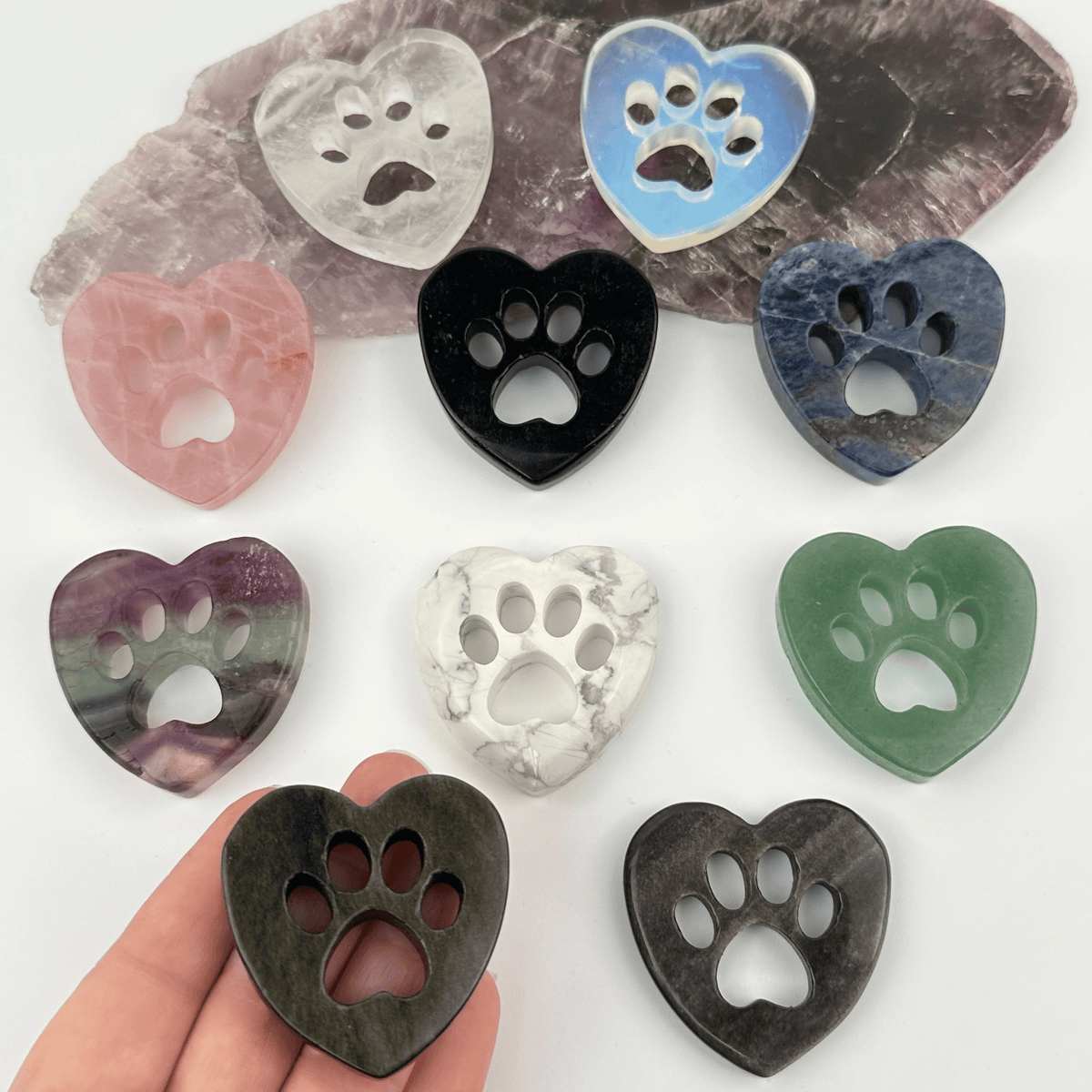 Gemstone Crystal Heart Paw - Carved Heart Paw: Silver Sheen Obsidian