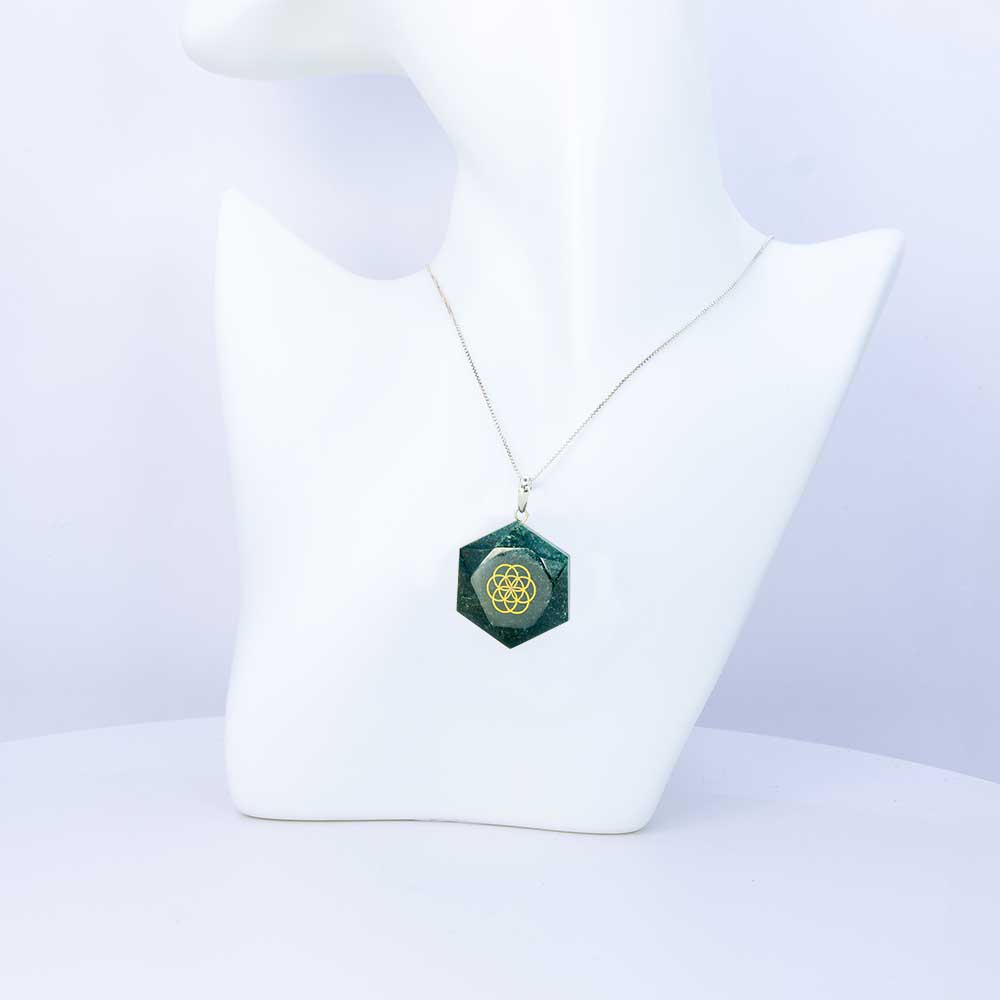 Gemstone Pendant Faceted Hexagon Seed of Life - Bloodstone: Bloodstone