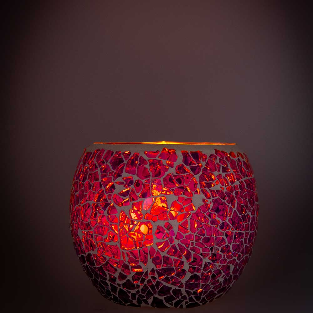 Glass Mosaic Votive Holder Round w/ LED T-Light - Pink